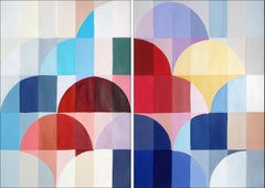 Bauhaus Gems, Chromatic Architecture Diptych, Red, Blue Geometric Balloons Paper