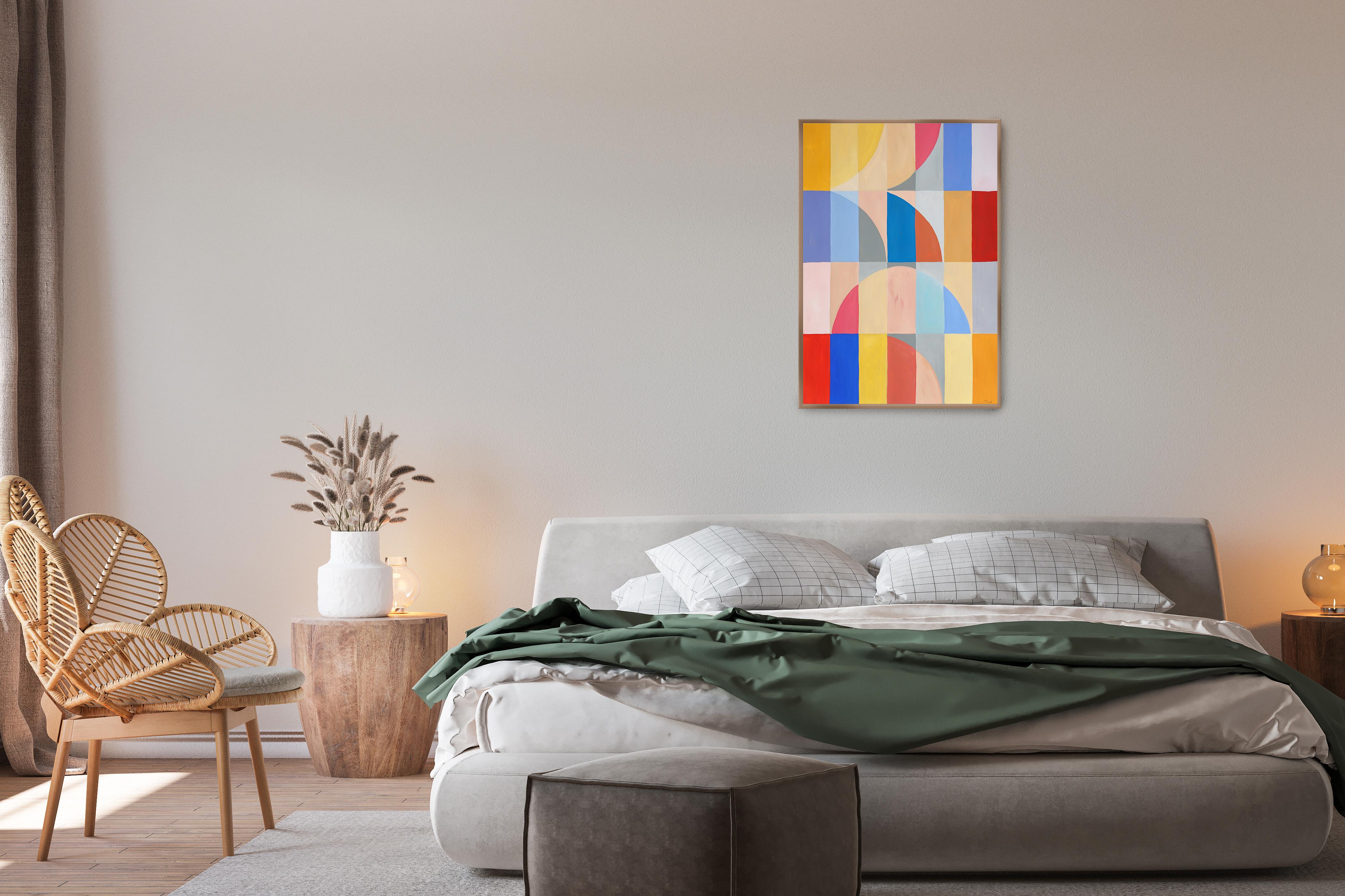 Esta serie de pinturas geométricas abstractas de Natalia Roman se inspira en las elegantes cuadrículas y curvas de la arquitectura Bauhaus, al tiempo que explora variaciones de colores brillantes y pastel. Los arcos y curvas, meticulosamente