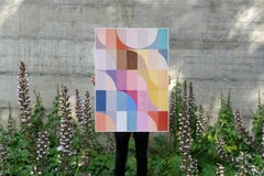 Bauhaus Rainbow, Pastel Tones Curves and Waves, Pink Tiles, Acrylic Painting