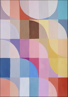 Bauhaus Rainbow, Pastel Tones Curves and Waves, Pink Tiles, Acrylic Painting