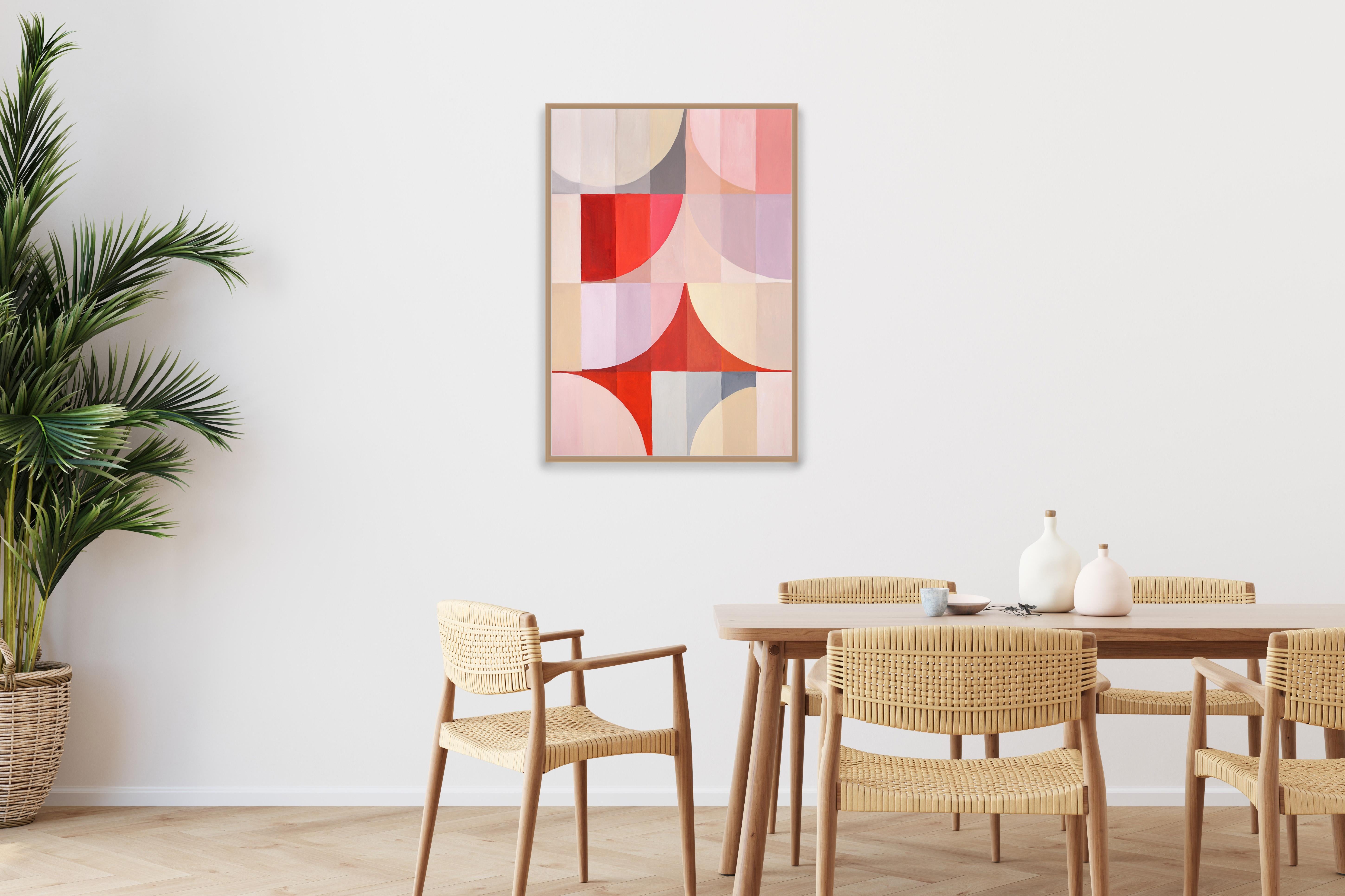 Behind the Real Curtains, Bauhaus Pattern Grid, Pastel Pink, Mauve, Geometric  - Painting by Natalia Roman