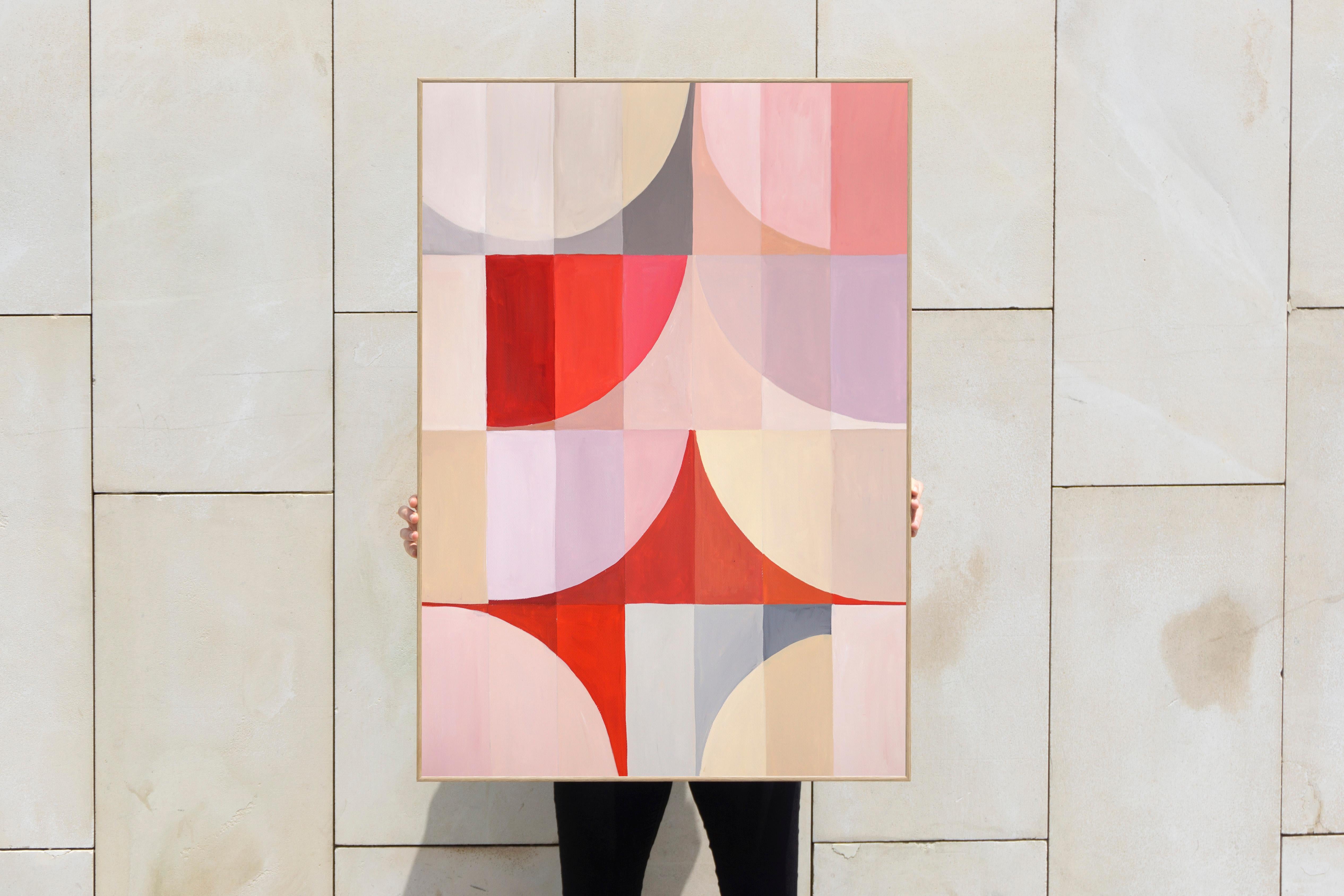 Behind the Real Curtains, Bauhaus Pattern Grid, Pastel Pink, Mauve, Geometric  - Beige Abstract Painting by Natalia Roman
