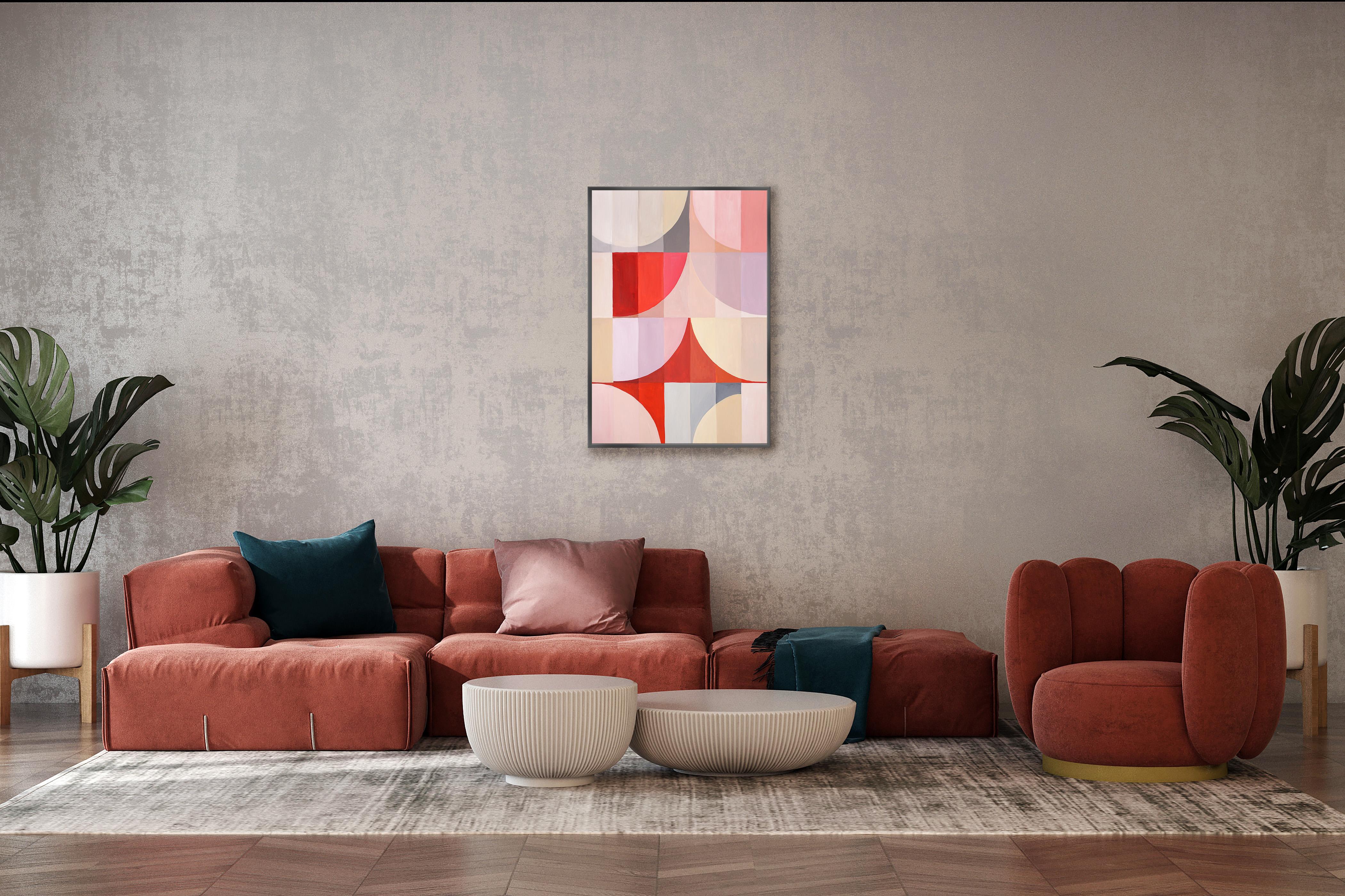 This abstract geometric acrylic painting is a vibrant and playful composition that draws inspiration from vintage Italian parasols. With a focus on bold, bright colors and clean lines, the painting features intersecting shapes and patterns that