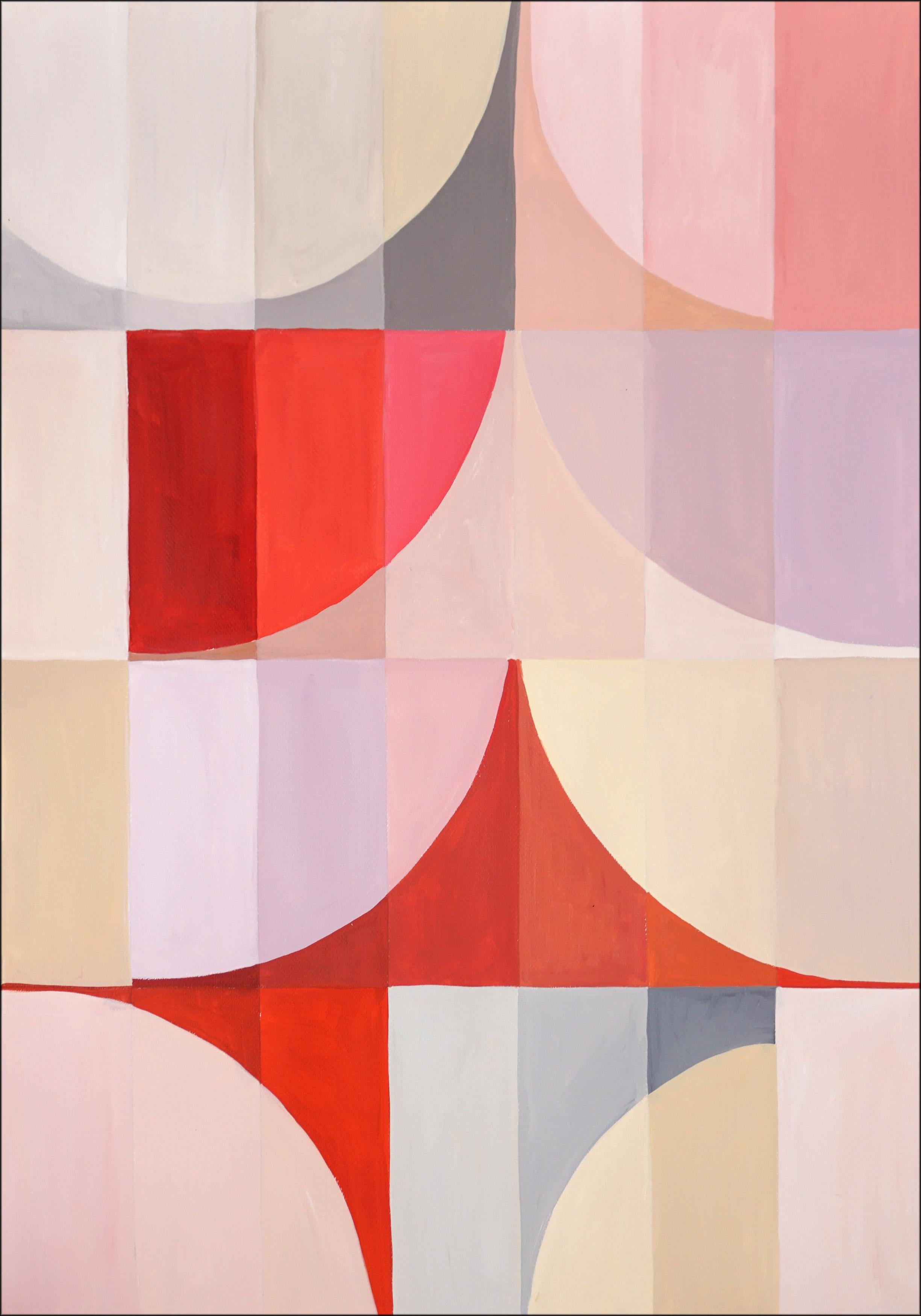 Natalia Roman Abstract Painting - Behind the Real Curtains, Bauhaus Pattern Grid, Pastel Pink, Mauve, Geometric 