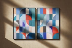 Below the Sea Level, Geometric Seascape Diptych, Bauhaus Pattens in Blue and Red