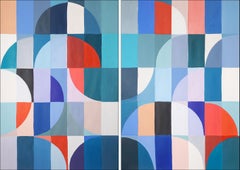 Below the Sea Level, Geometric Seascape Diptych, Bauhaus Pattens in Blue and Red
