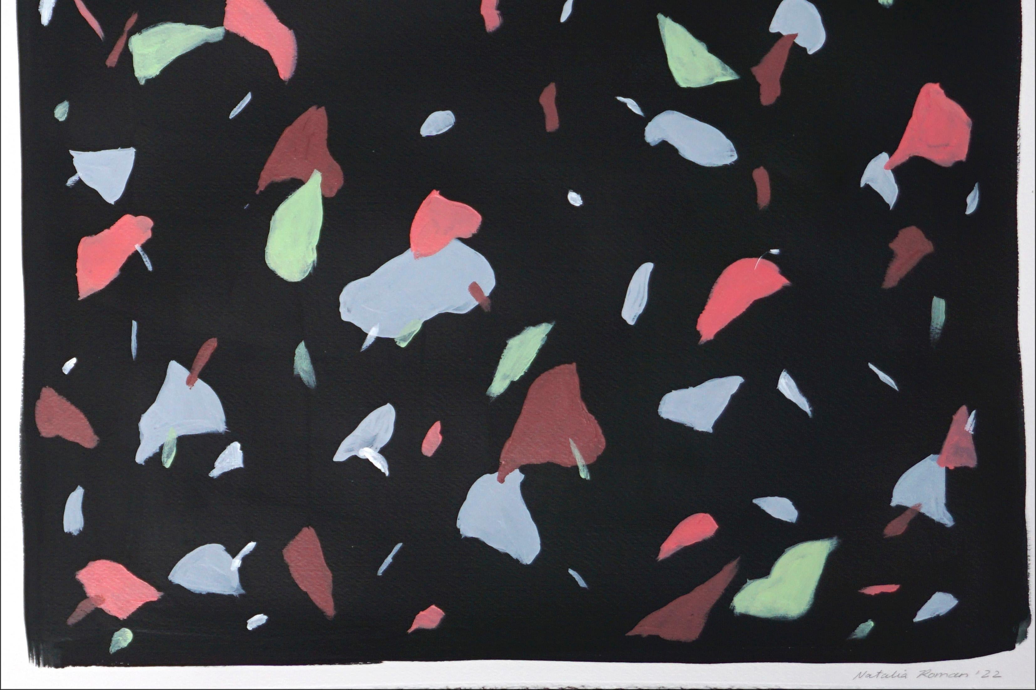 Black Terrazzo Confetti, Abstract Shapes Diptych, Pink and Blue Metal Tones 2022 For Sale 1