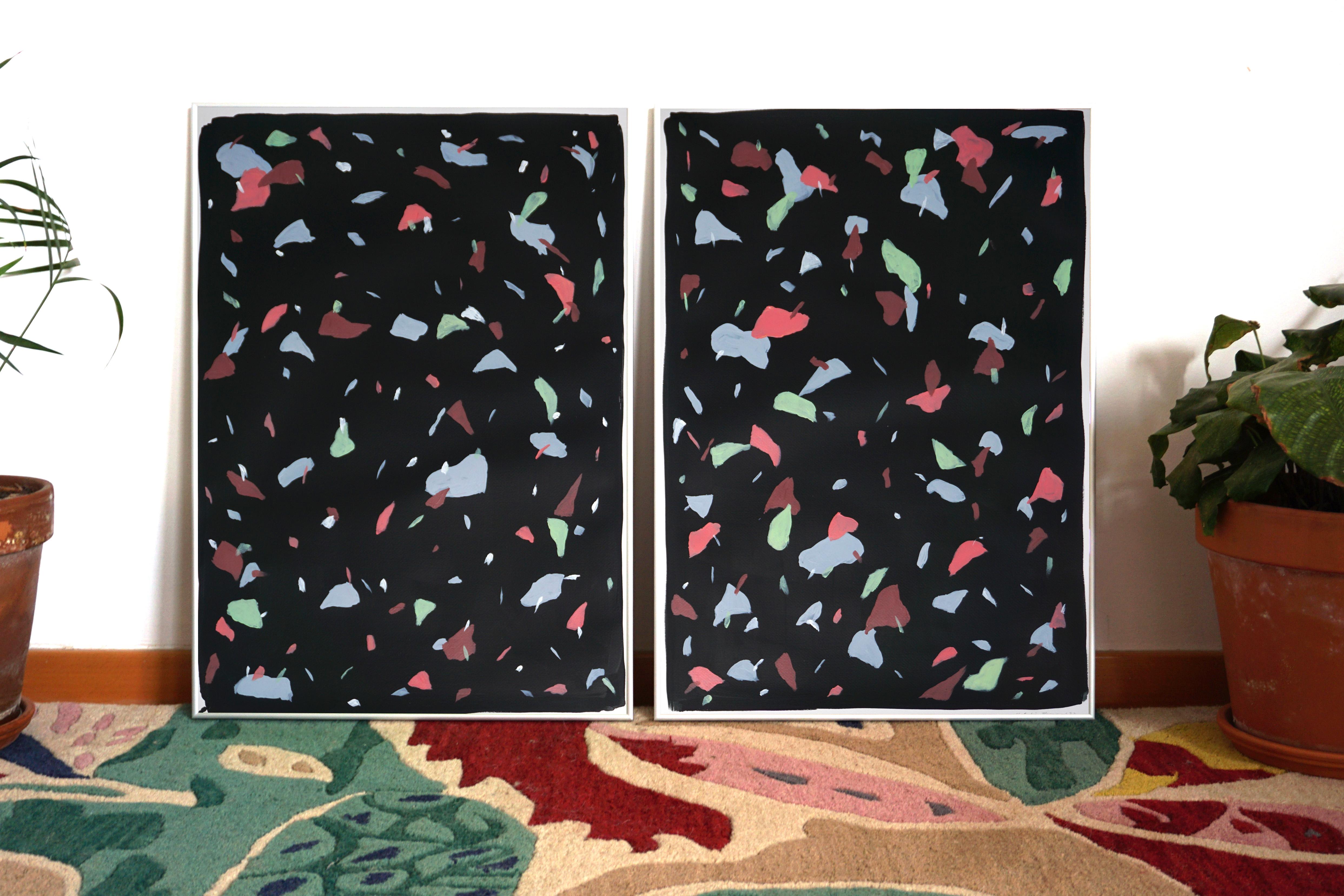 Black Terrazzo Confetti, Abstract Shapes Diptych, Pink and Blue Metal Tones 2022 For Sale 2