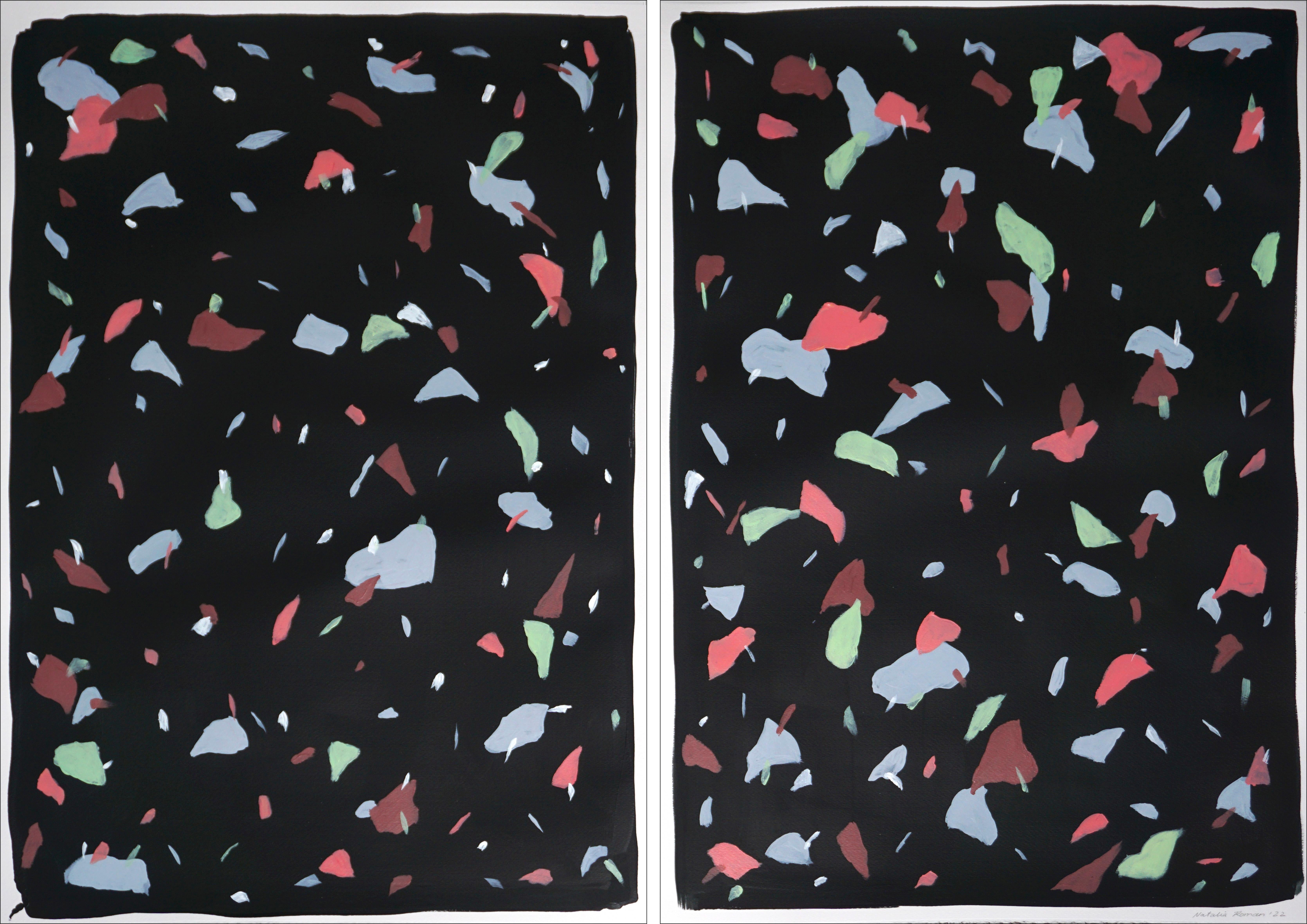 Black Terrazzo Confetti, Abstract Shapes Diptych, Pink and Blue Metal Tones 2022