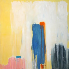 Pintura al óleo de un paisaje con formas abstractas y flores, de estilo expresionista suave, en tonos pastel