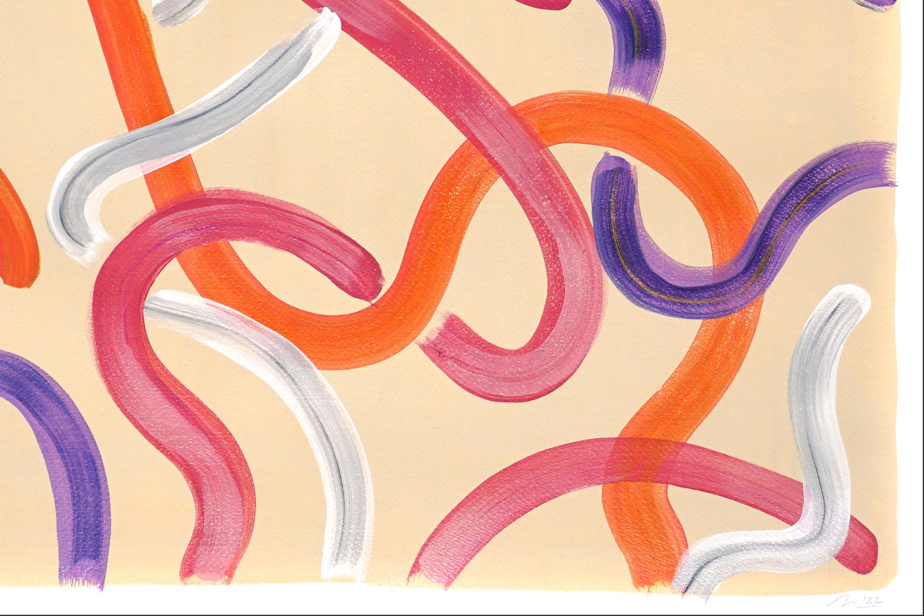 Blooming Gestures on Sand, Warm Tones Brushstrokes, Orange Pink Squared Painting 1