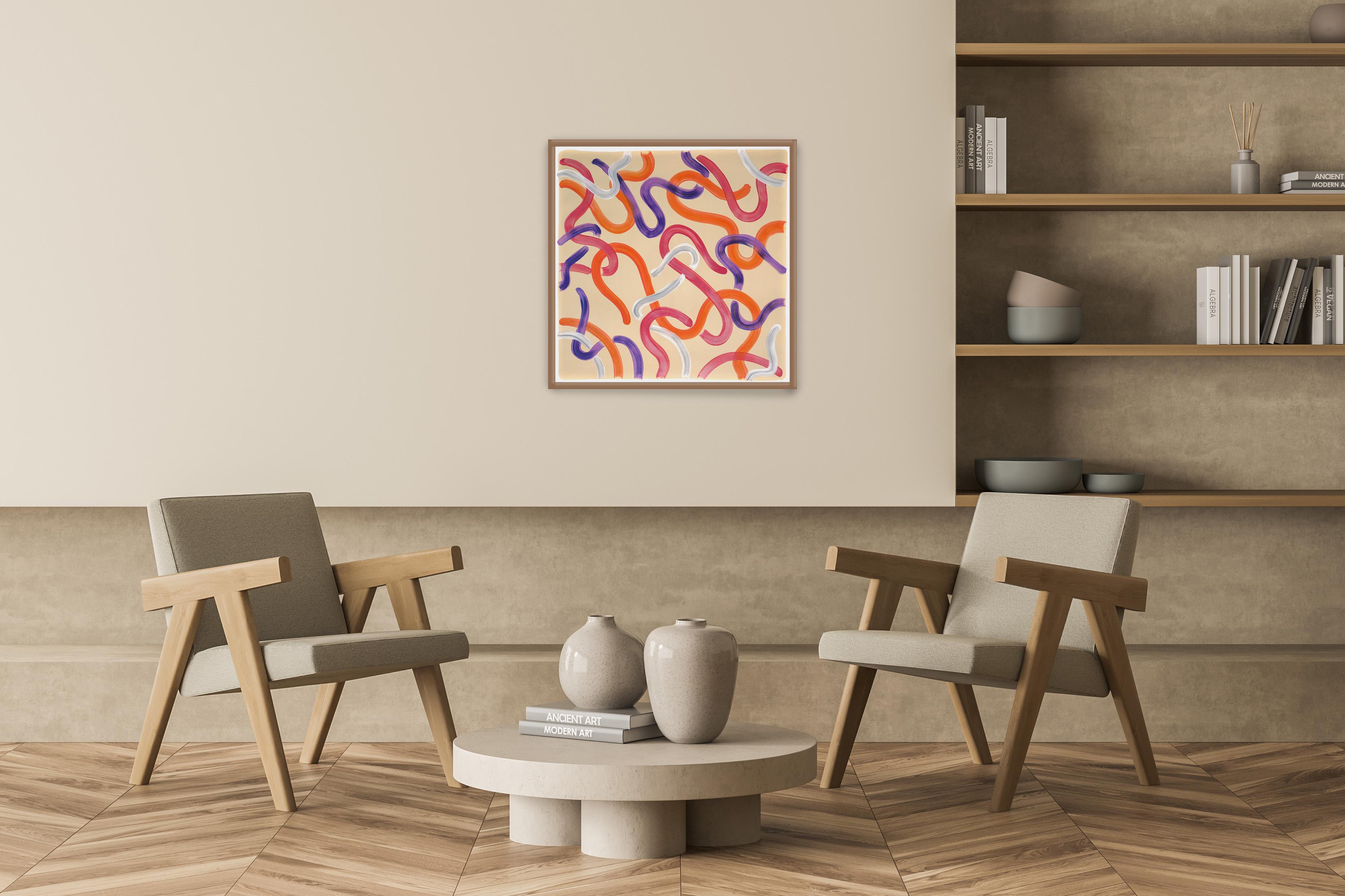 Blooming Gestures on Sand, Warm Tones Brushstrokes, Orange Pink Squared Painting 2