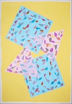 Blue and Pink Terrazzo Floor, Yellow Background, Geometric Painting, Abstract  
