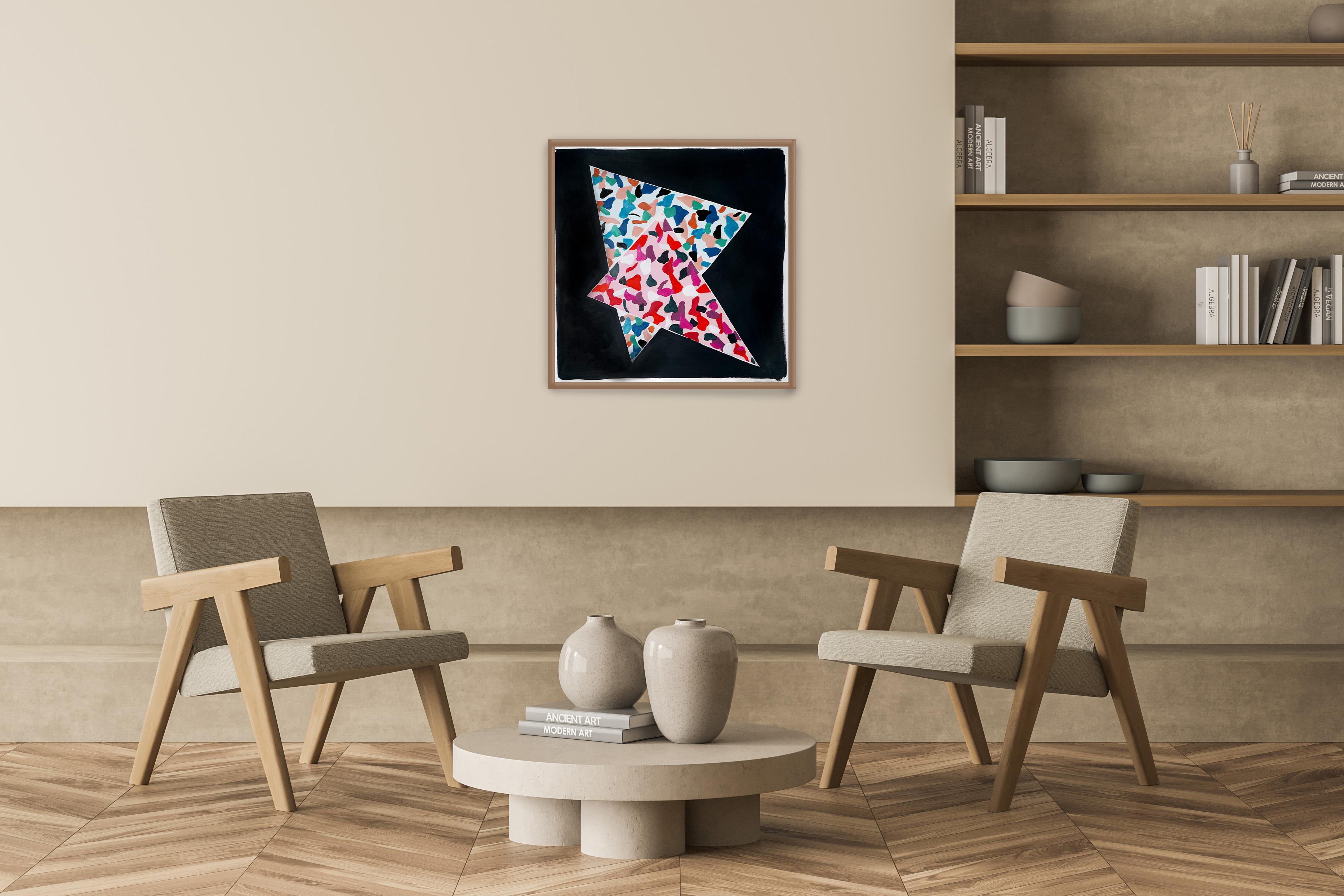 Camouflage Overlap, Triangles on Black Background, Pink Terrazzo Tile Patterns  - Painting by Natalia Roman
