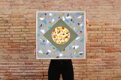 Camouflage Terrazzo Tiles, Green, Yellow Squared Painting, Abstract Geometric