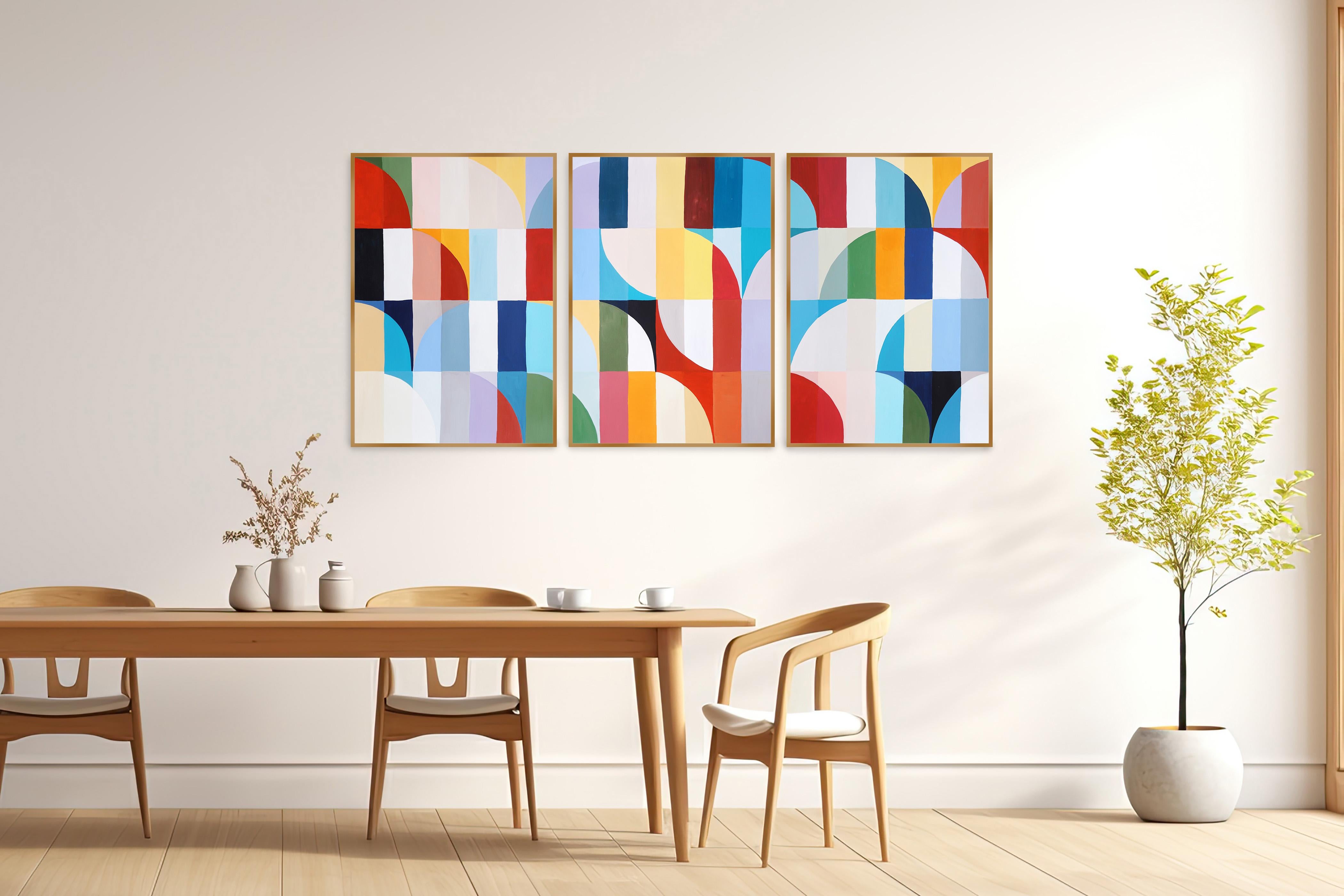 Cappadocia Air Balloons, peinture triptyque du Bauhaus, mosaïque de paysage, rouge, papier - Painting de Natalia Roman