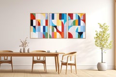 Cappadocia Air Balloons, Bauhaus Triptych Painting, Landscape Mosaic, Red, Paper