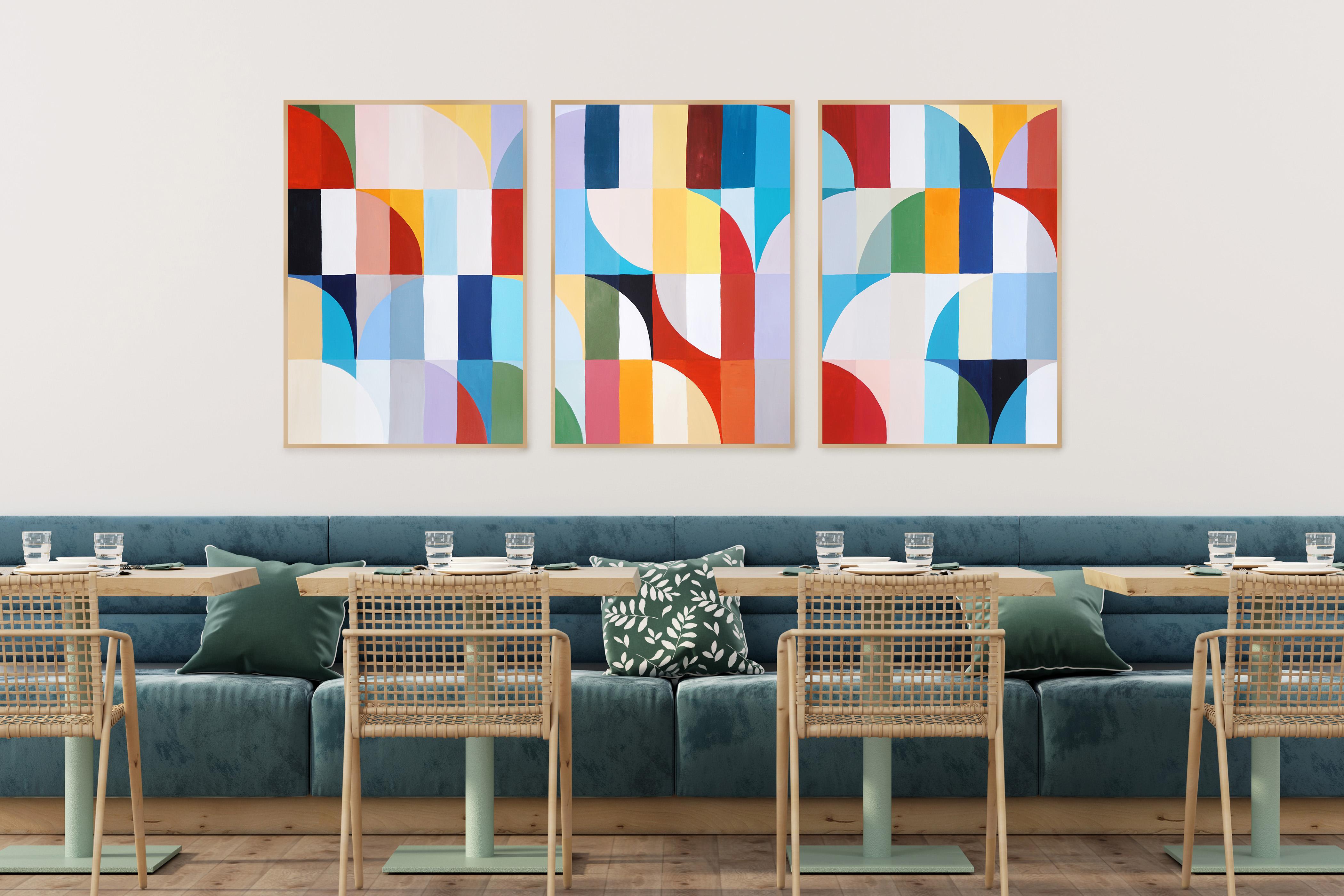 This series of abstract geometric paintings by Natalia Roman draws its inspiration from the sleek grids and curves of Bauhaus architecture, while at the same time exploring bright and pastel color variations. The arcs and curves, meticulously