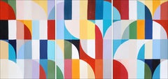 Cappadocia Air Balloons, Bauhaus Triptych Painting, Landscape Mosaic, Red, Paper