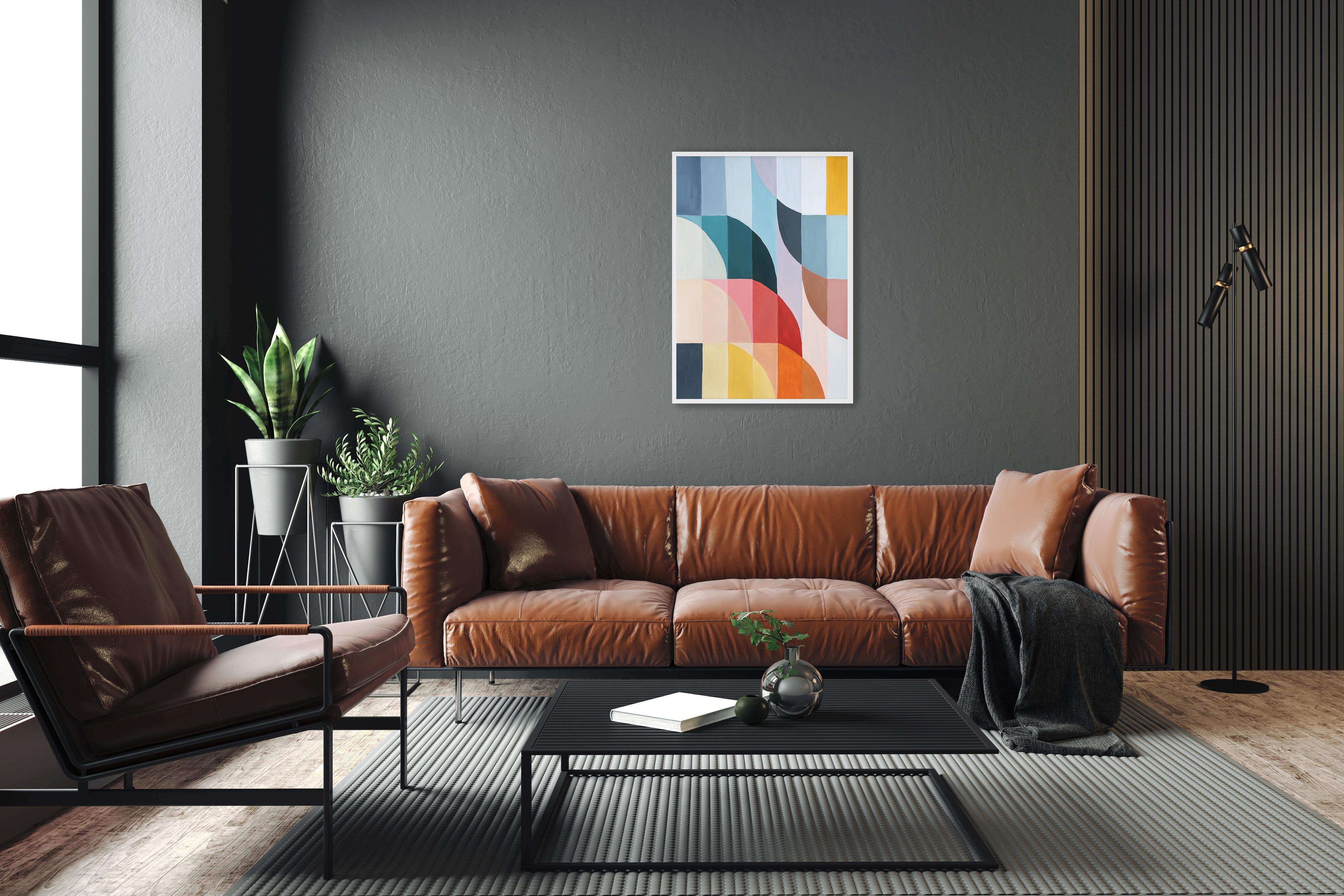 This abstract geometric acrylic painting is a vibrant and playful composition that draws inspiration from vintage Italian parasols. With a focus on bold, bright colors and clean lines, the painting features intersecting shapes and patterns that