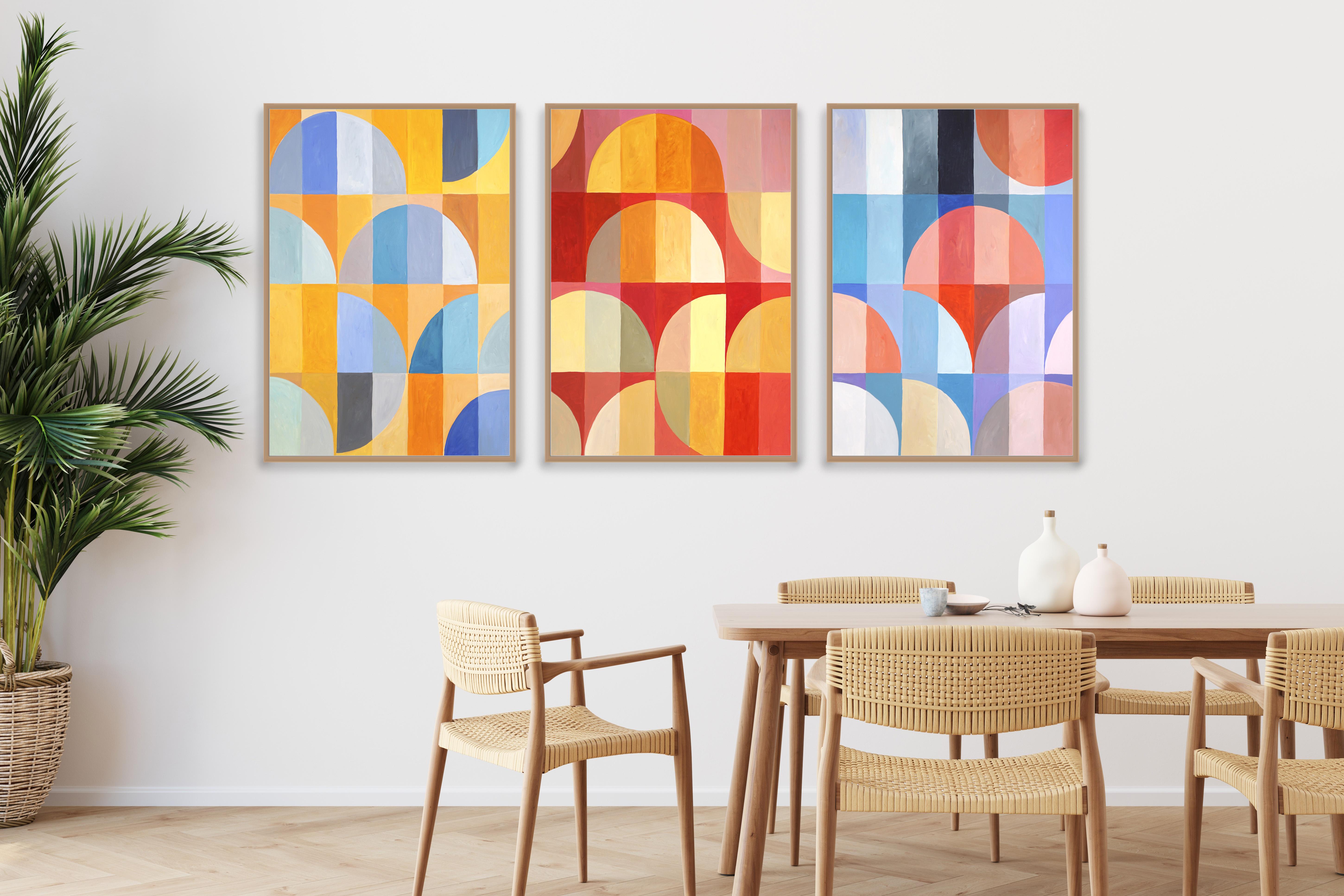 Stagioni mutevoli in toni primari, giallo, blu, rosso Griglia Bauhaus Trittico grande - Painting Astrattismo geometrico di Natalia Roman