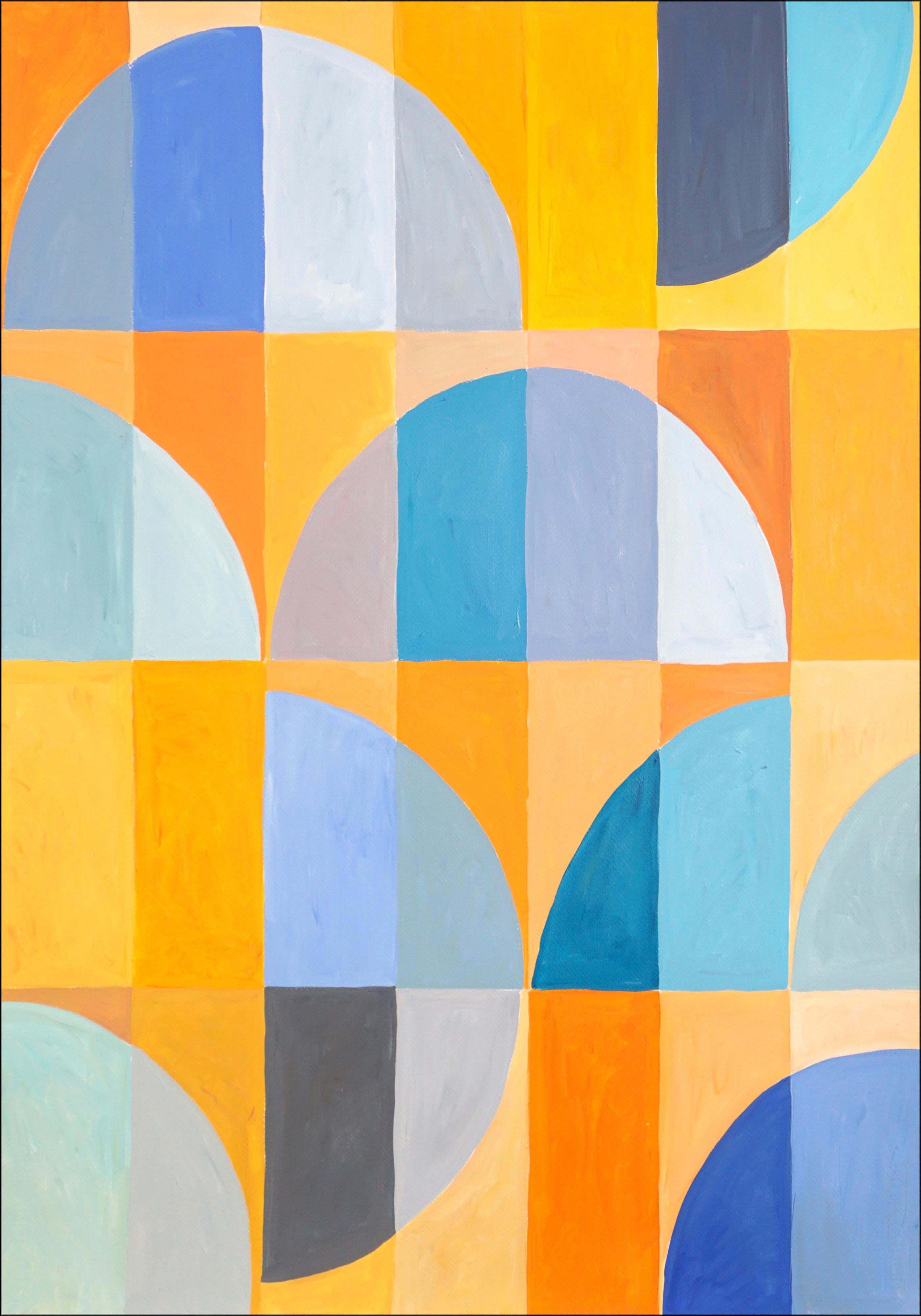 Questo quadro geometrico astratto in acrilico è una composizione vivace e giocosa che trae ispirazione dagli ombrellini italiani vintage. Con un'attenzione particolare ai colori vivaci e brillanti e alle linee pulite, il dipinto presenta forme e