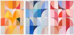 Changing Seasons in Primary Tones, Yellow, Blue, Red Bauhaus Grid Large Triptych