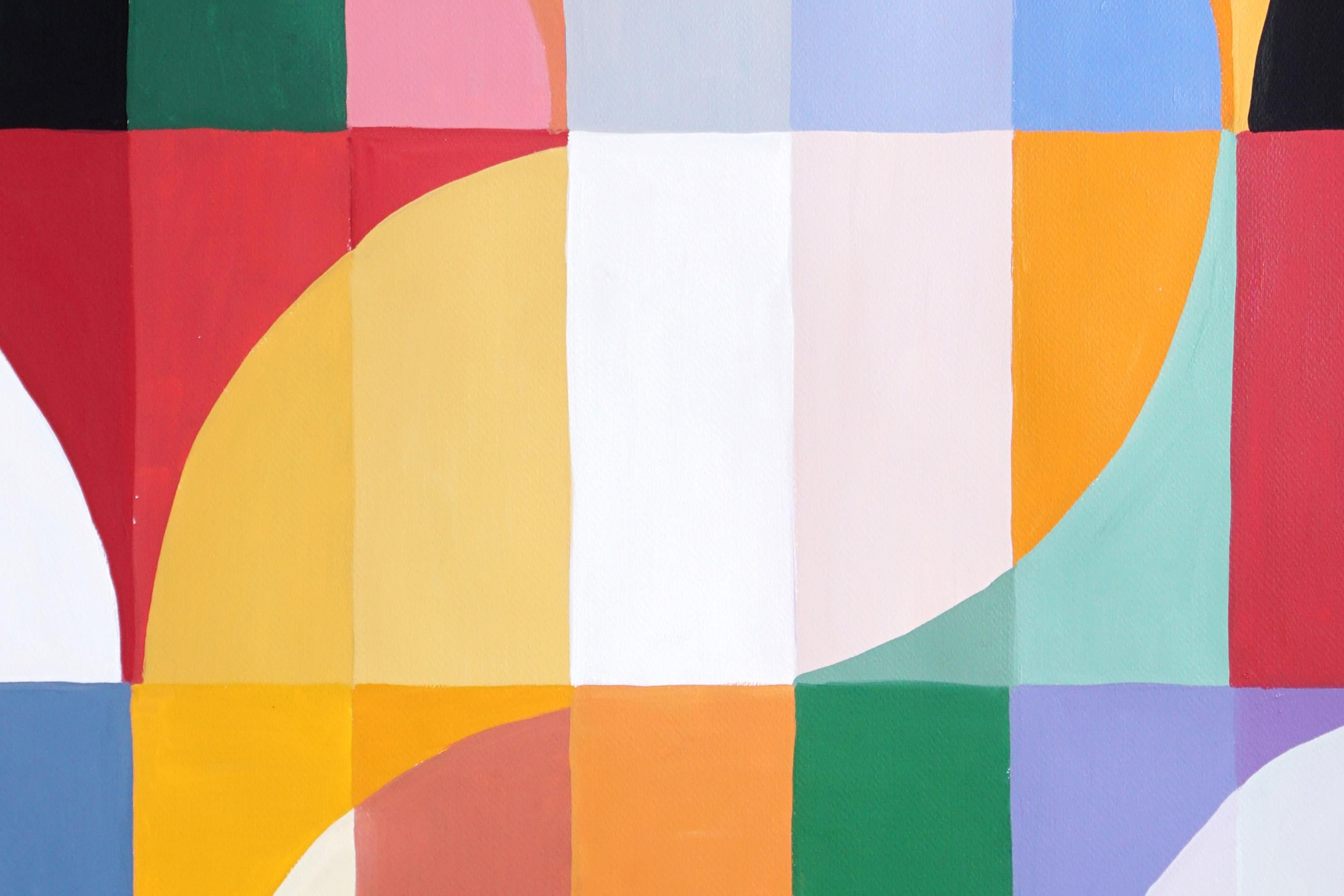 Tramonti di primavera a scacchiera, trittico geometrico di paesaggi Bauhaus in toni vivaci 5