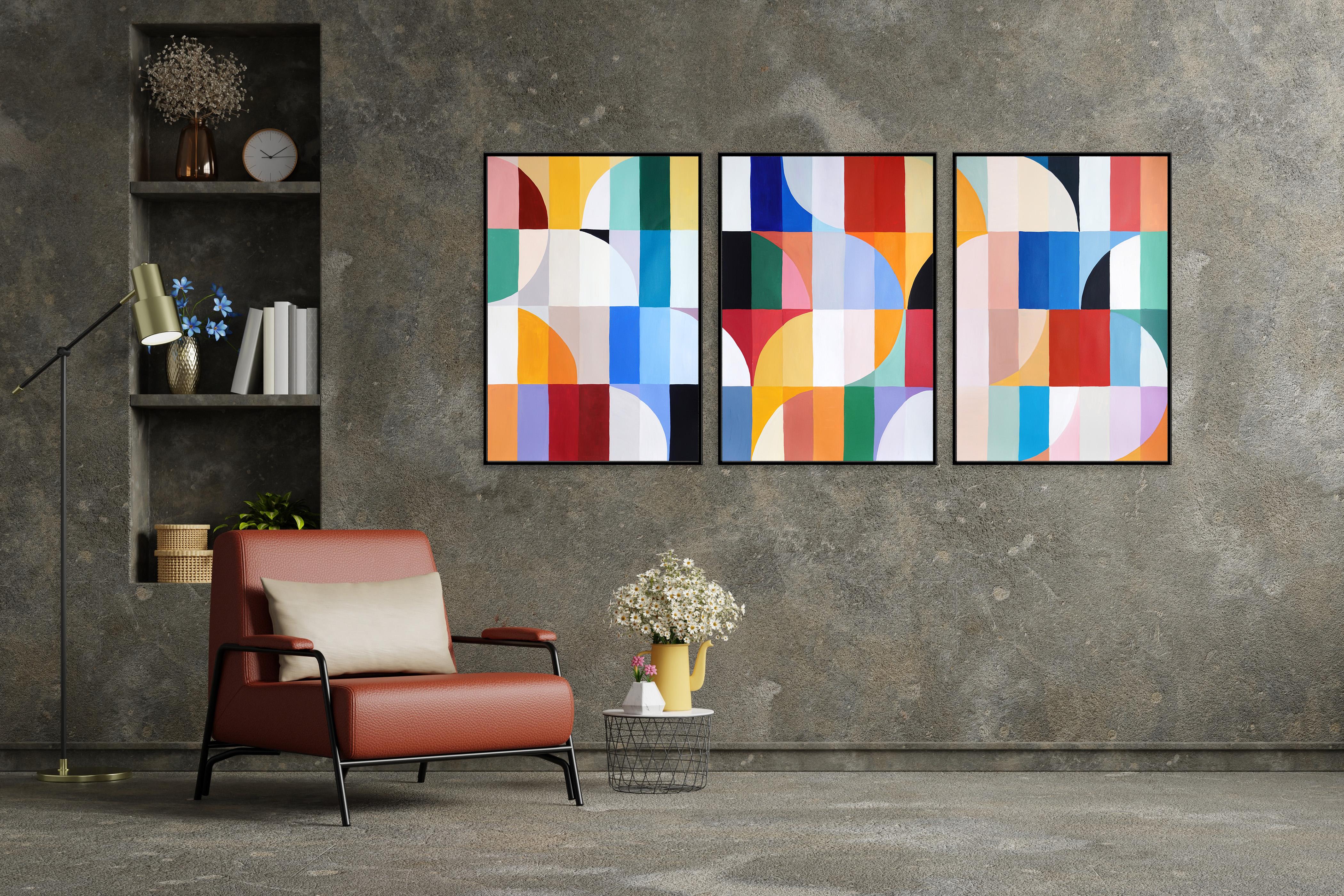 Tramonti di primavera a scacchiera, trittico geometrico di paesaggi Bauhaus in toni vivaci - Painting di Natalia Roman