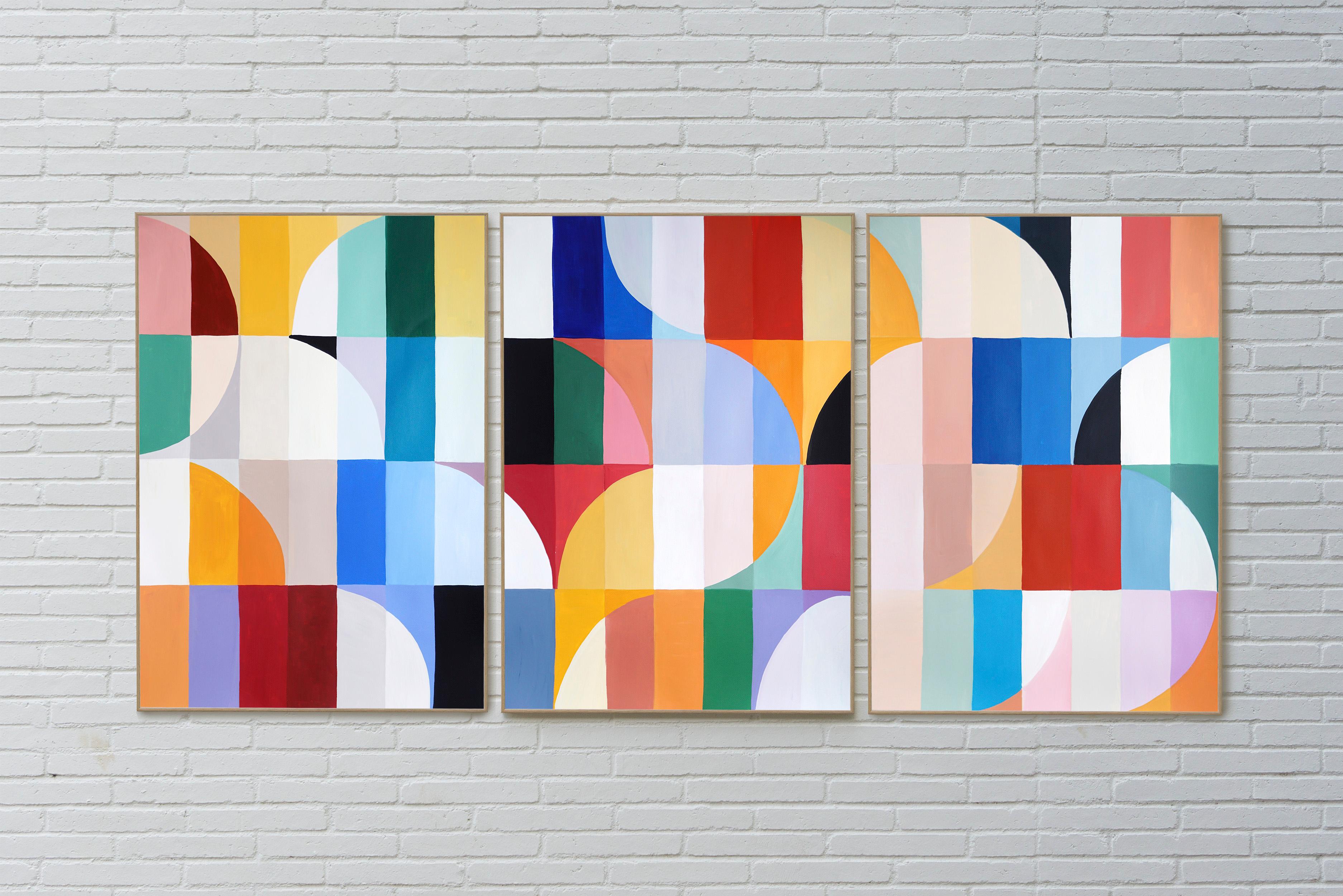 Tramonti di primavera a scacchiera, trittico geometrico di paesaggi Bauhaus in toni vivaci - Painting Neocostruttivismo di Natalia Roman