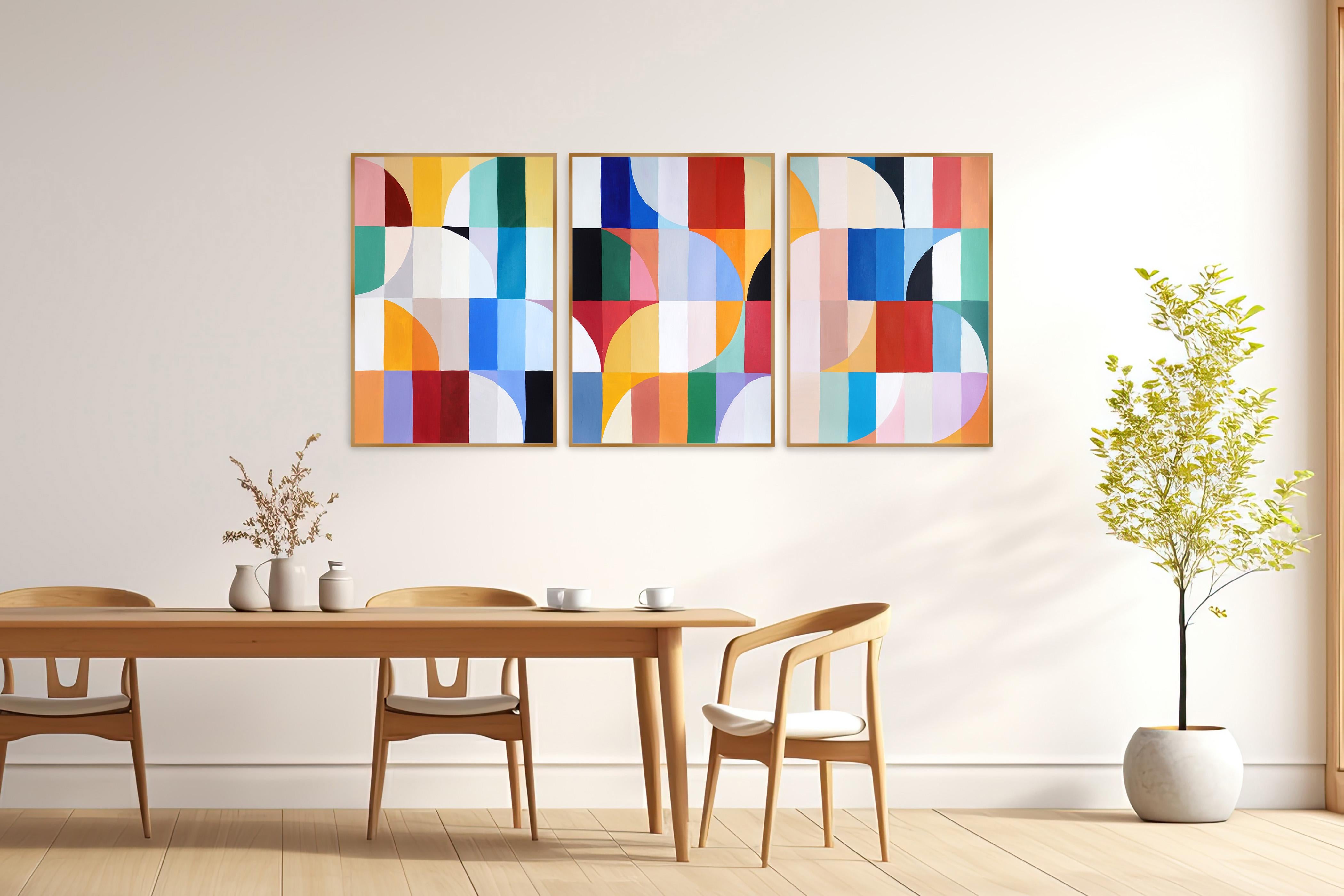 Tramonti di primavera a scacchiera, trittico geometrico di paesaggi Bauhaus in toni vivaci - Abstract Painting Beige di Natalia Roman