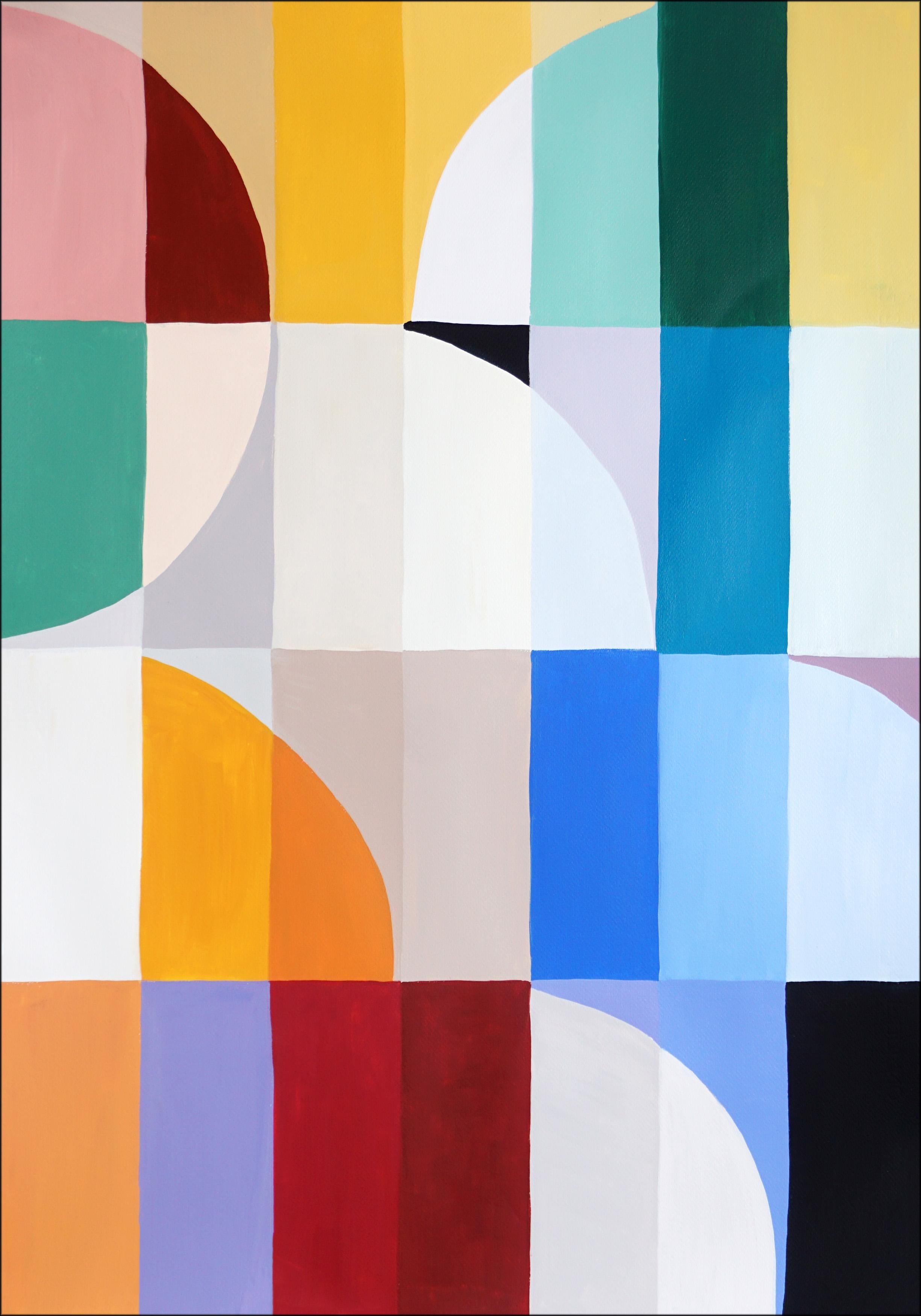Questa serie di dipinti geometrici astratti di Natalia Roman trae ispirazione dalle griglie e dalle curve eleganti dell'architettura Bauhaus, esplorando allo stesso tempo variazioni di colori vivaci e pastello. Gli archi e le curve, meticolosamente