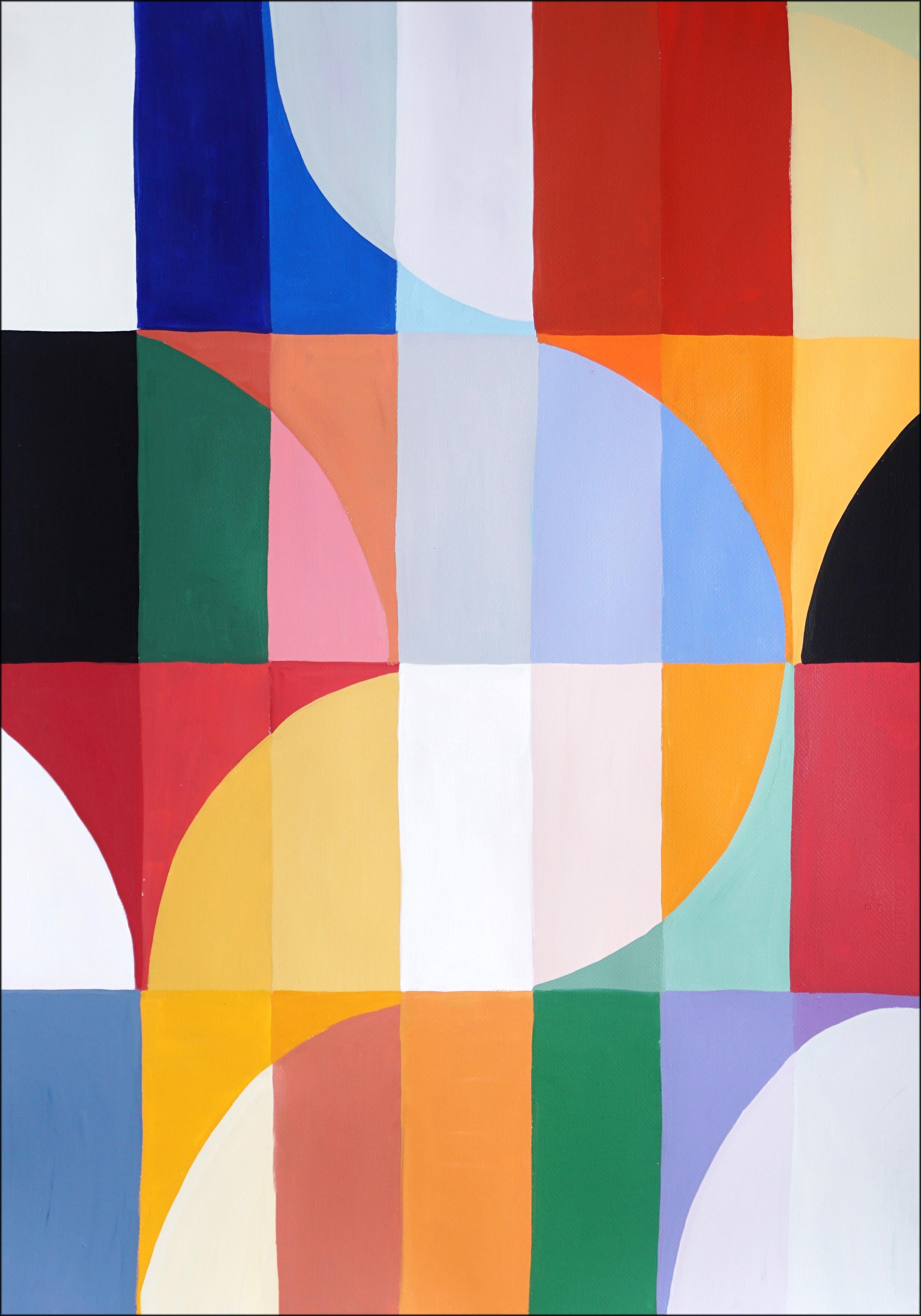 Tramonti di primavera a scacchiera, trittico geometrico di paesaggi Bauhaus in toni vivaci 1