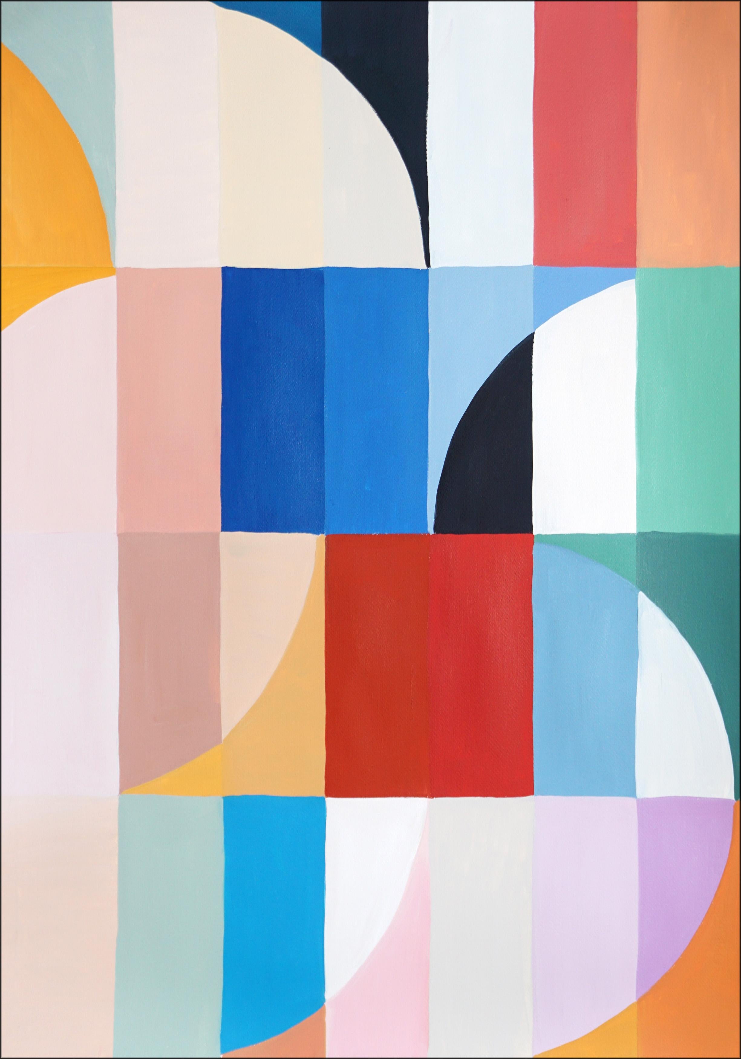 Tramonti di primavera a scacchiera, trittico geometrico di paesaggi Bauhaus in toni vivaci 2
