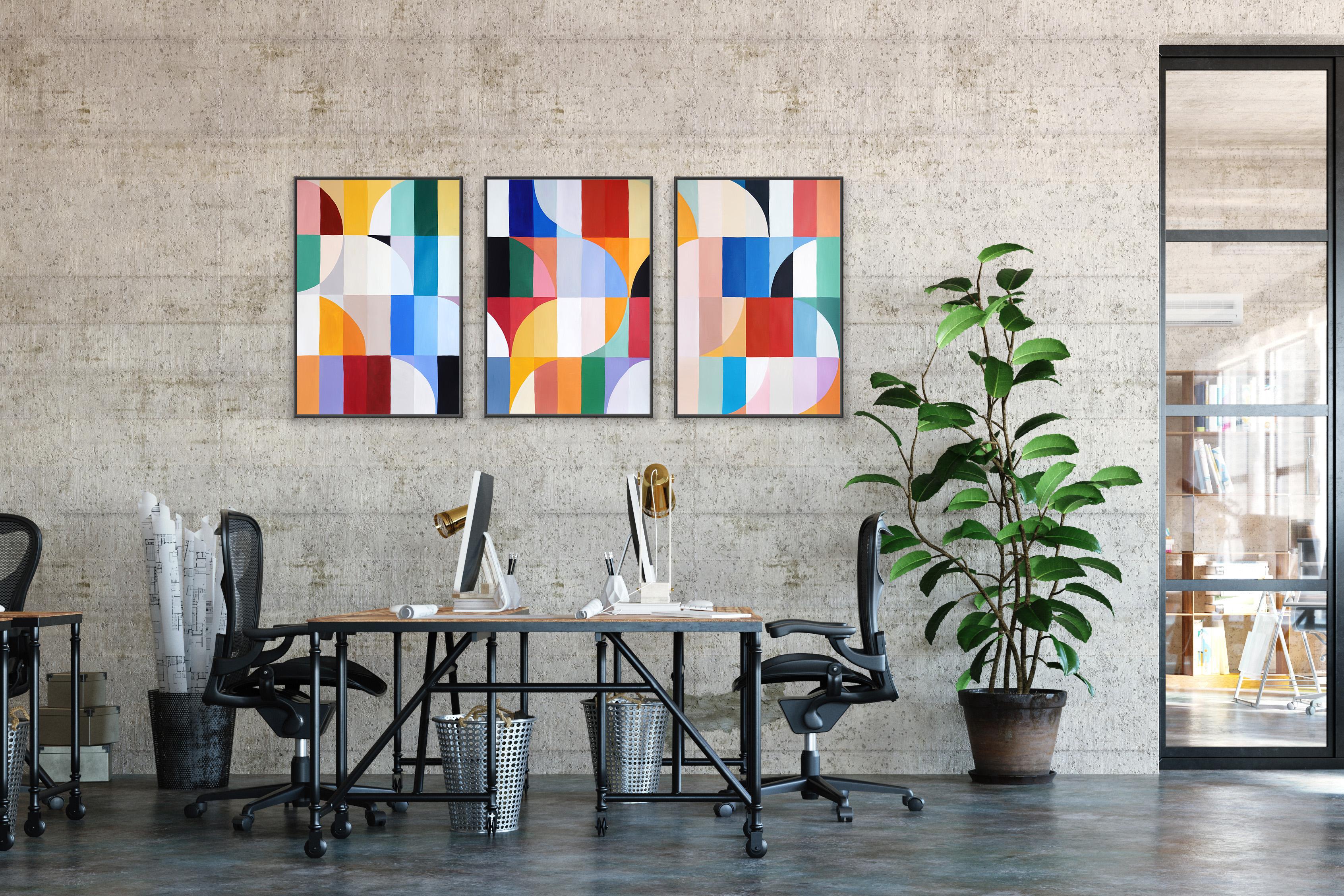 Tramonti di primavera a scacchiera, trittico geometrico di paesaggi Bauhaus in toni vivaci 3