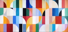 Checkered Spring Sunsets, Geometric Bauhaus Landscape Triptych in Vivid Tones