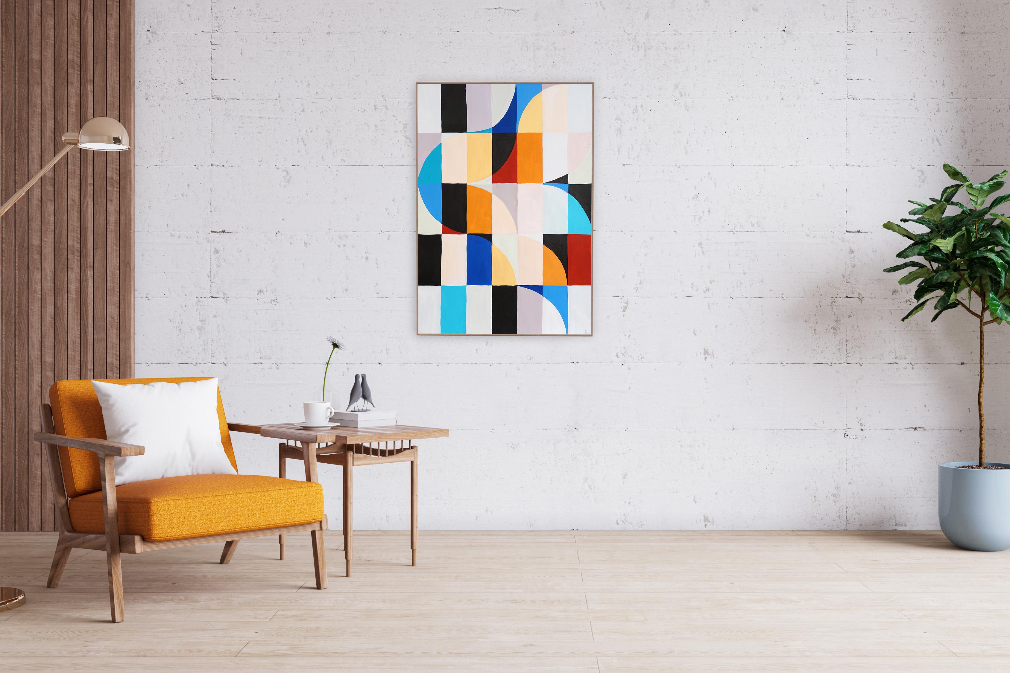 Barre di colore in avorio, mosaico geometrico Bauhaus in toni primari, acrilico su carta - Painting di Natalia Roman