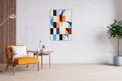 Color Bars in Ivory, Bauhaus Geometric Mosaic in Primary Tones, Acrylic on Paper