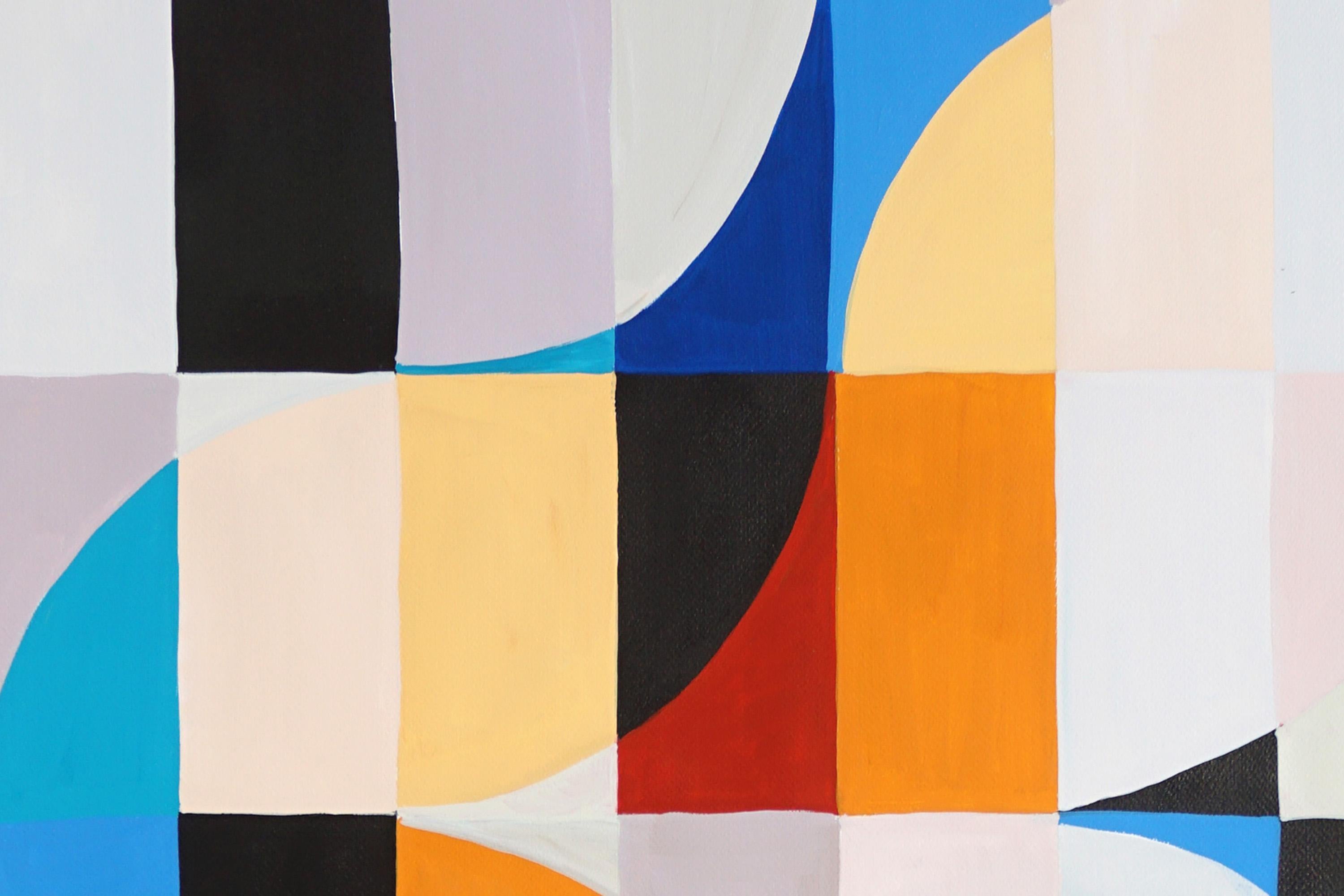 Barre di colore in avorio, mosaico geometrico Bauhaus in toni primari, acrilico su carta - Painting Cubismo di Natalia Roman