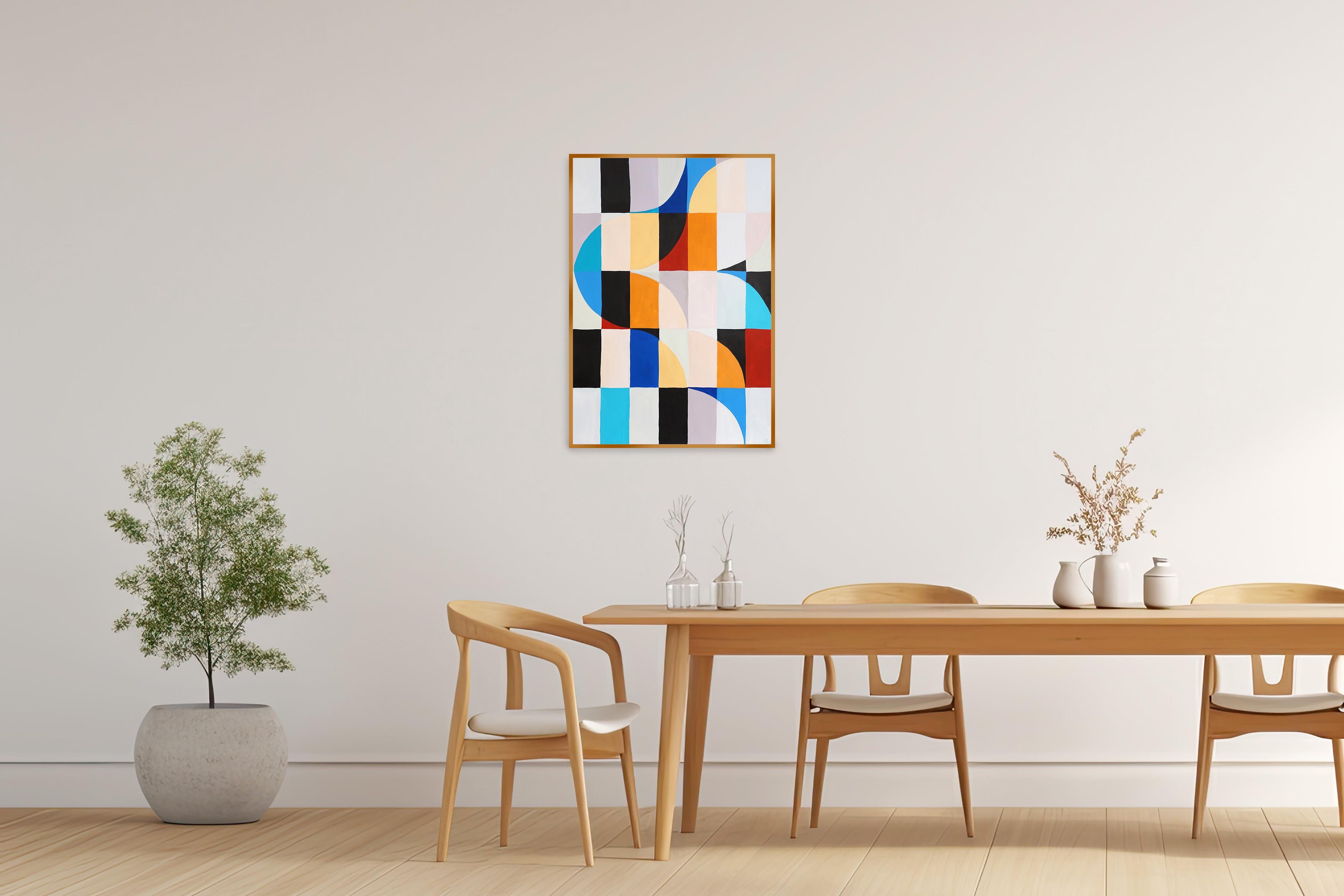 Barre di colore in avorio, mosaico geometrico Bauhaus in toni primari, acrilico su carta - Abstract Painting Beige di Natalia Roman