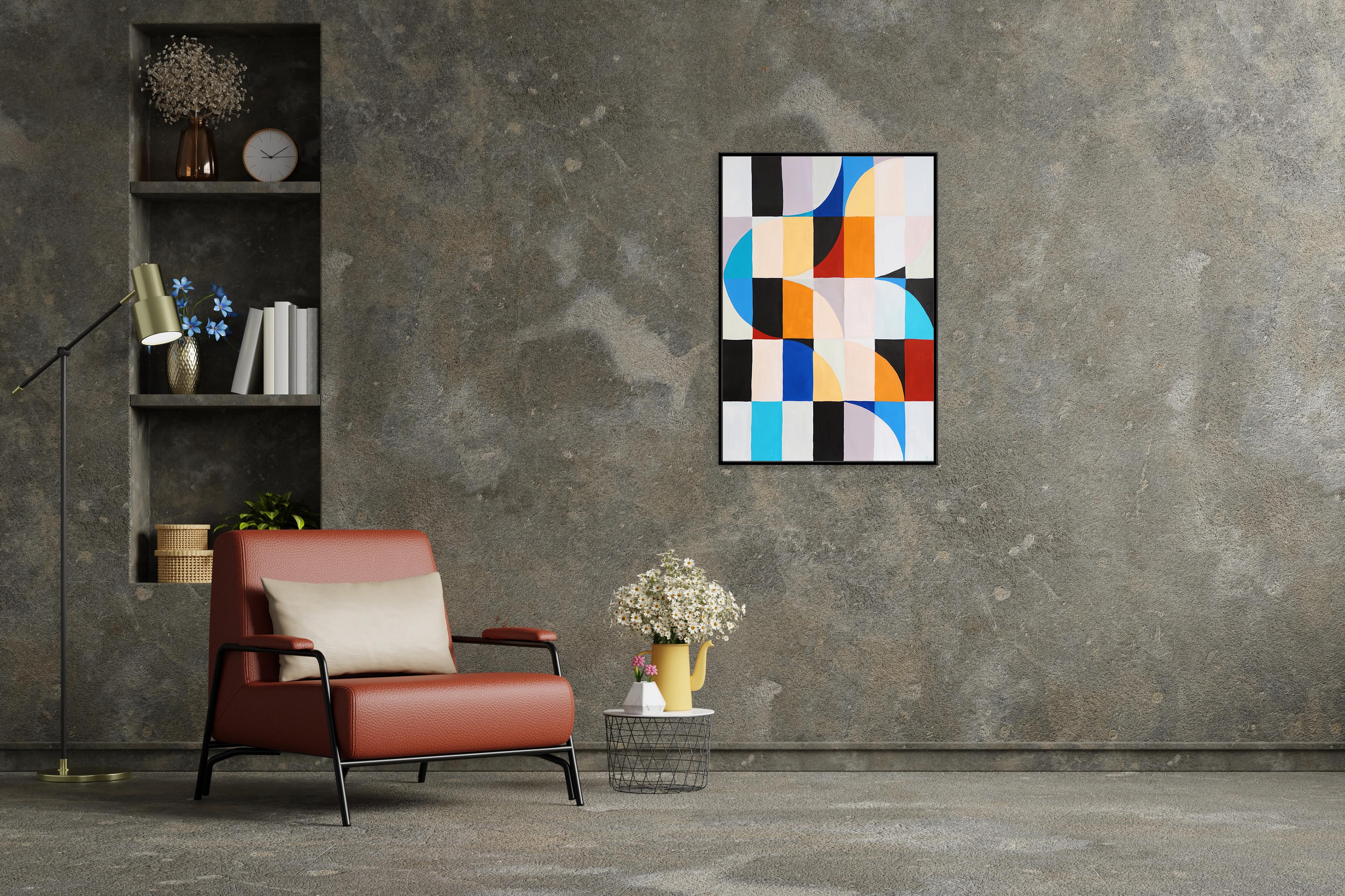 Questa serie di dipinti geometrici astratti di Natalia Roman trae ispirazione dalle griglie e dalle curve eleganti dell'architettura Bauhaus, esplorando allo stesso tempo variazioni di colori vivaci e pastello. Gli archi e le curve, meticolosamente