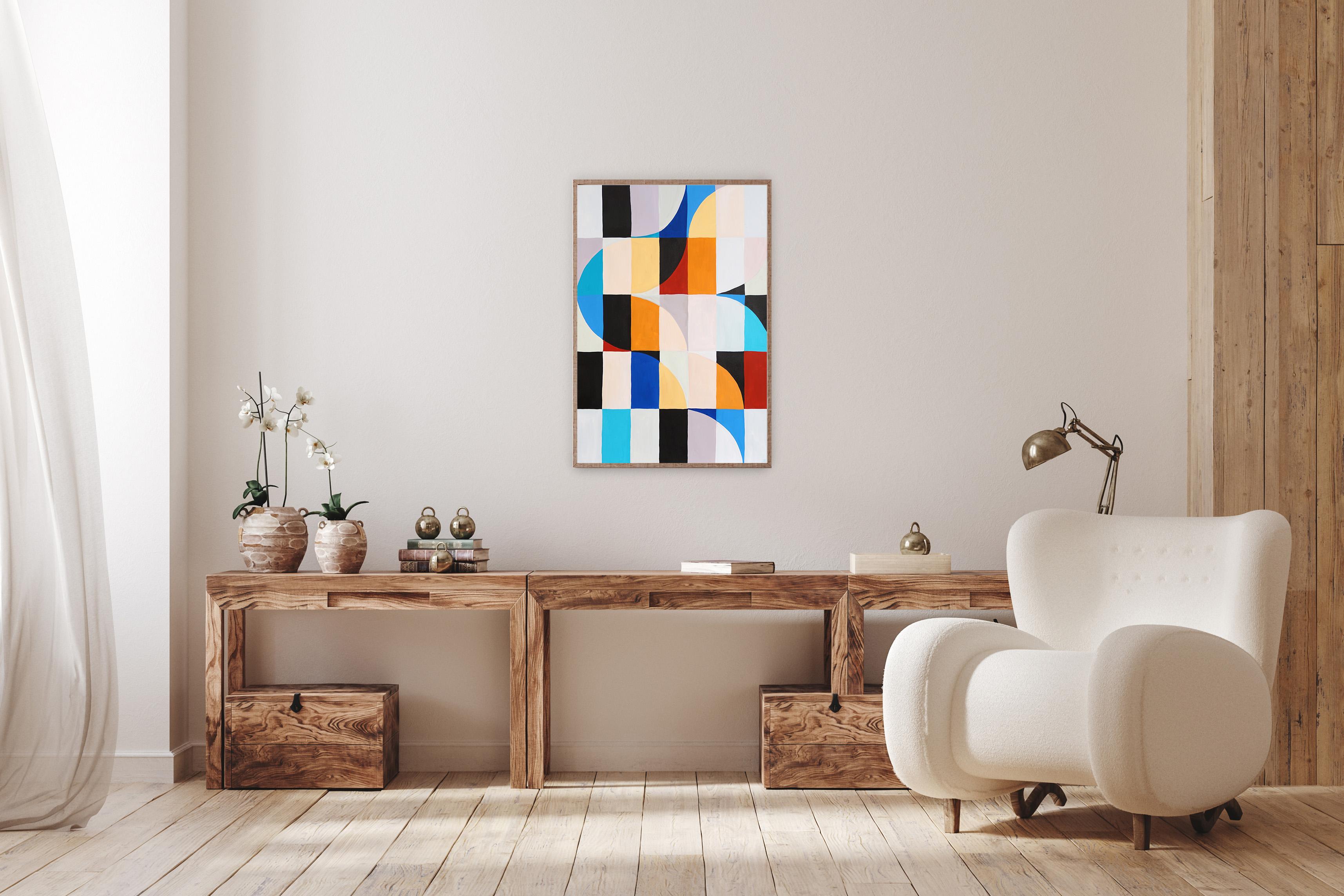 Barre di colore in avorio, mosaico geometrico Bauhaus in toni primari, acrilico su carta in vendita 1