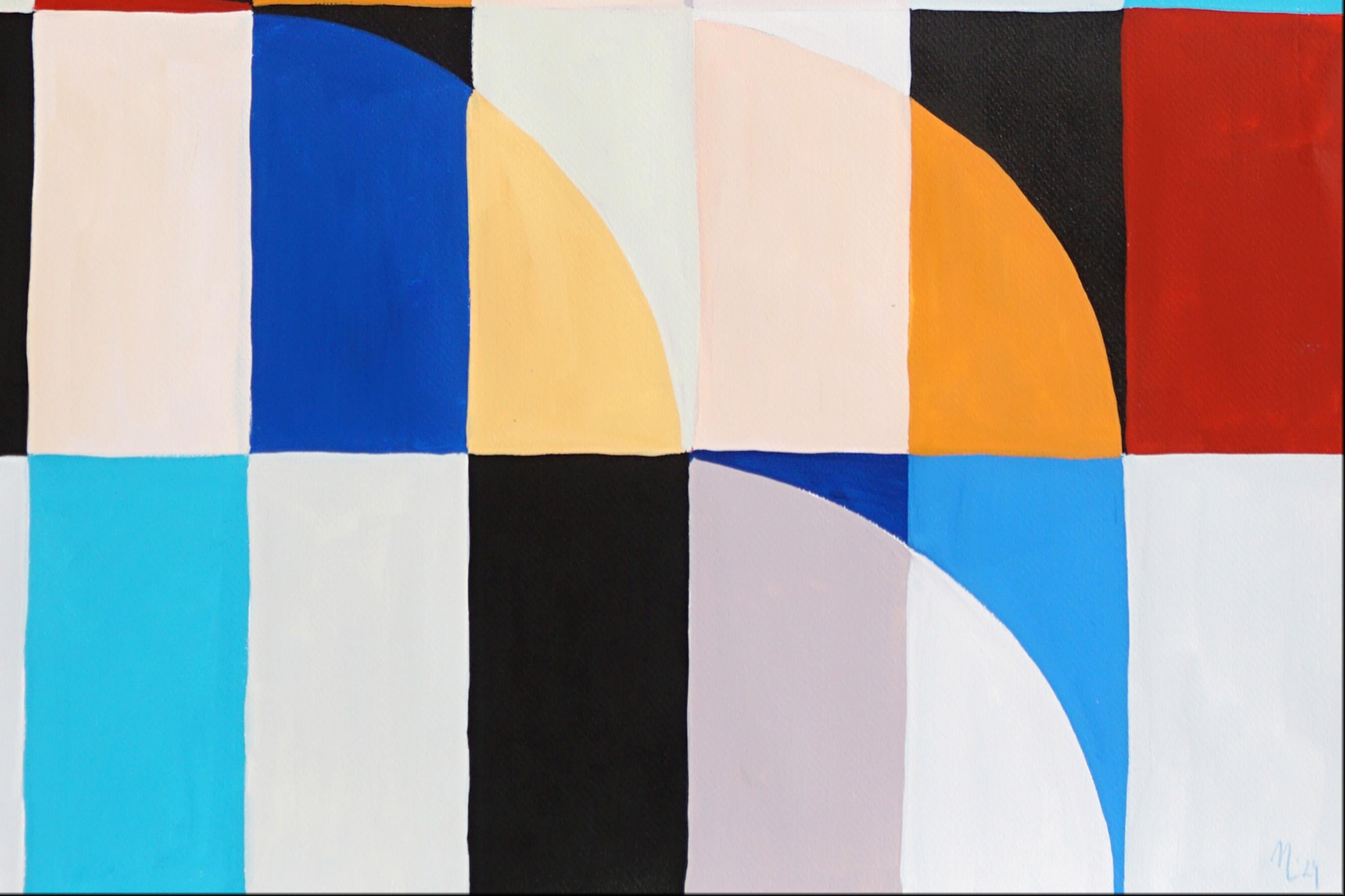 Barre di colore in avorio, mosaico geometrico Bauhaus in toni primari, acrilico su carta in vendita 3