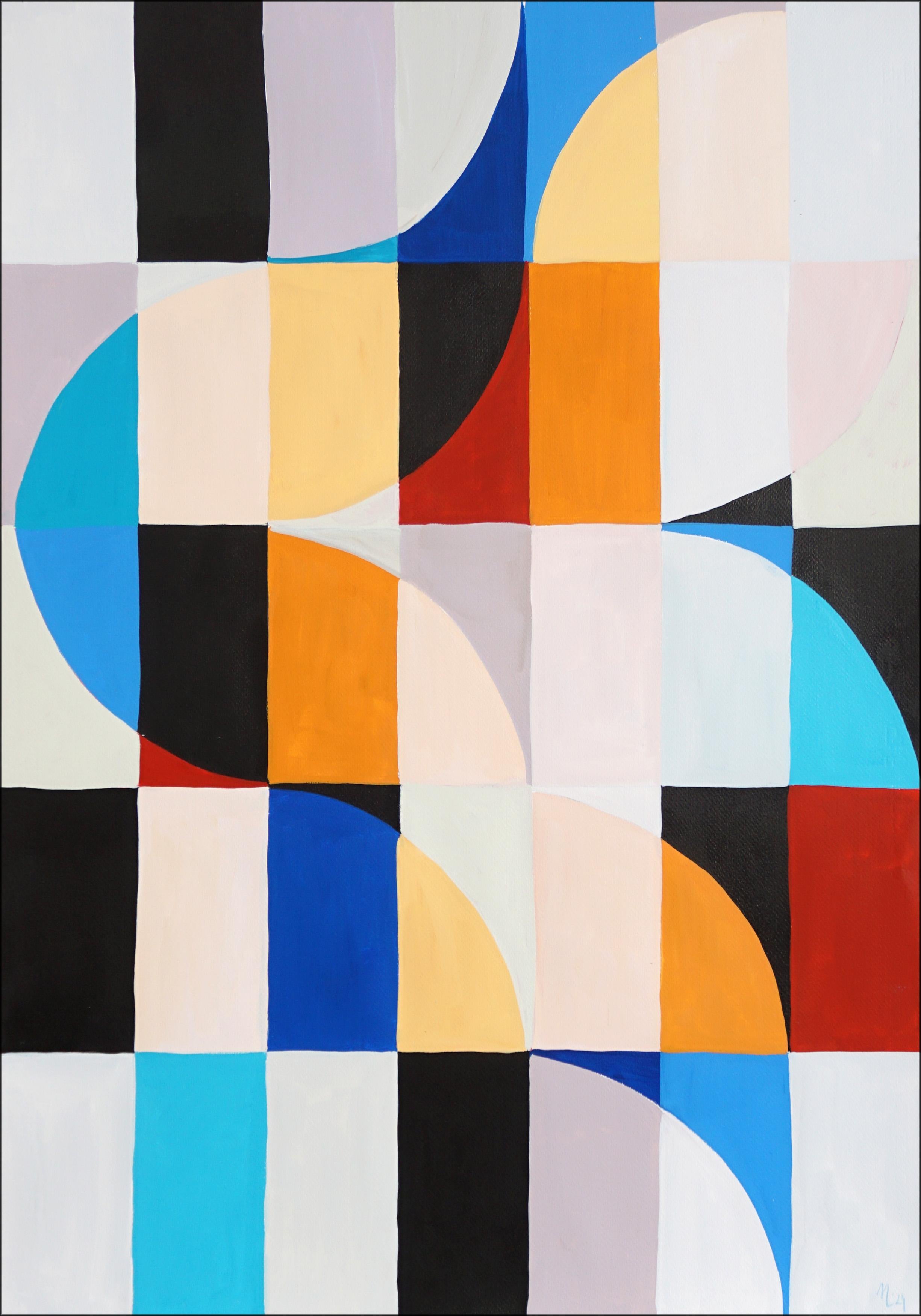 Abstract Painting di Natalia Roman - Barre di colore in avorio, mosaico geometrico Bauhaus in toni primari, acrilico su carta