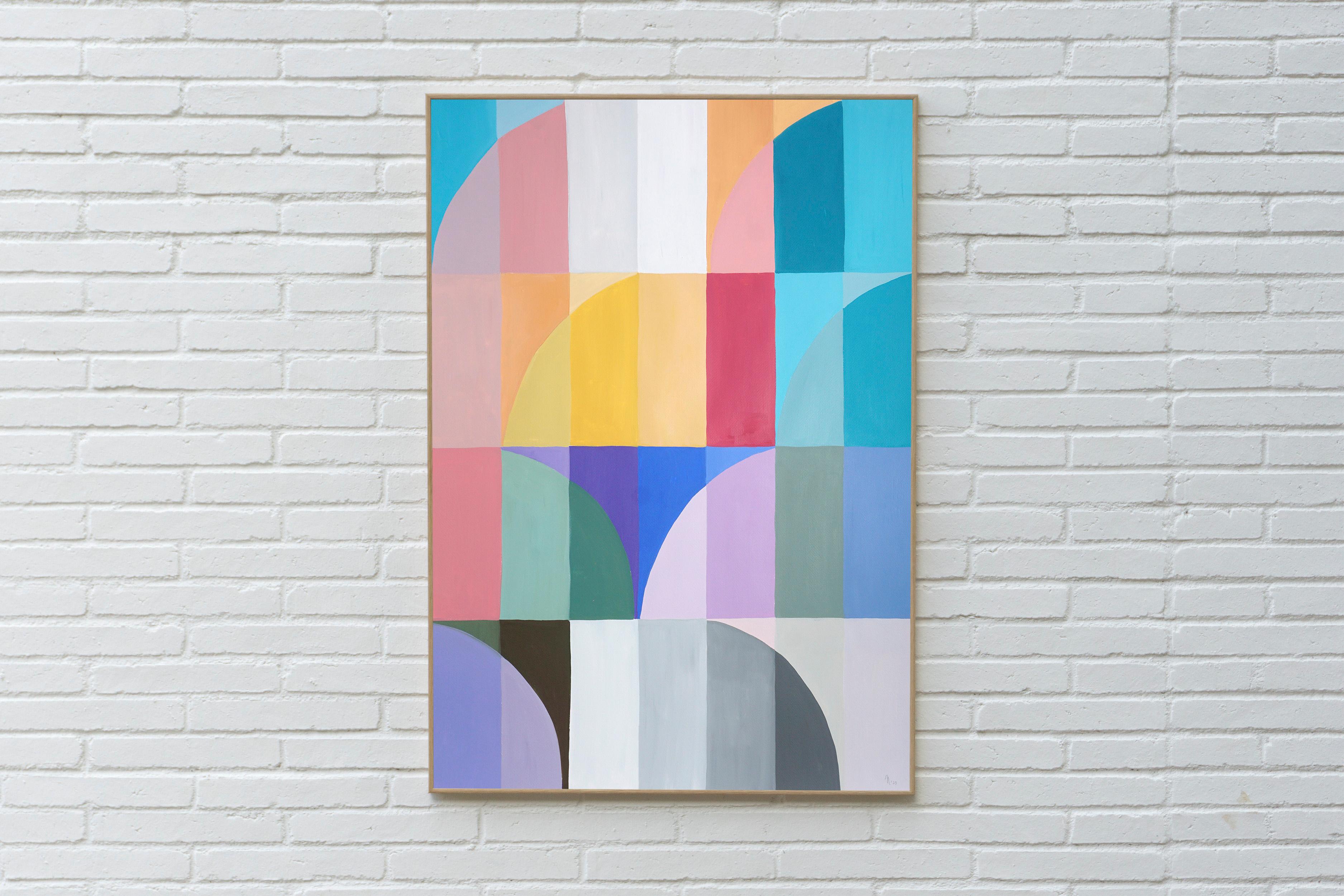 Farbblüte, Bauhaus Vertikales Gemälde in Lila & Türkis Arches Gitter, Papier – Painting von Natalia Roman