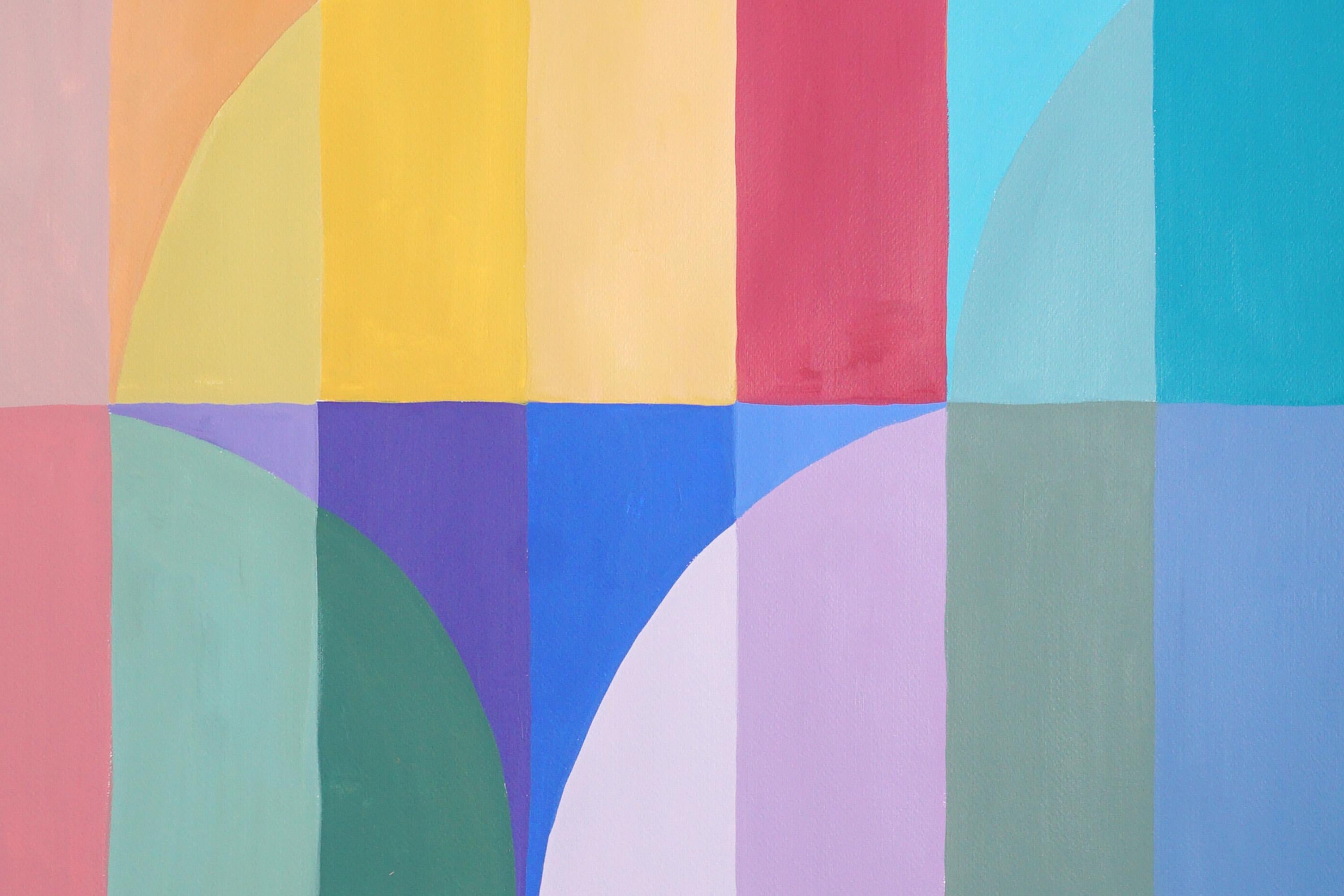Farbblüte, Bauhaus Vertikales Gemälde in Lila & Türkis Arches Gitter, Papier (Grün), Abstract Painting, von Natalia Roman