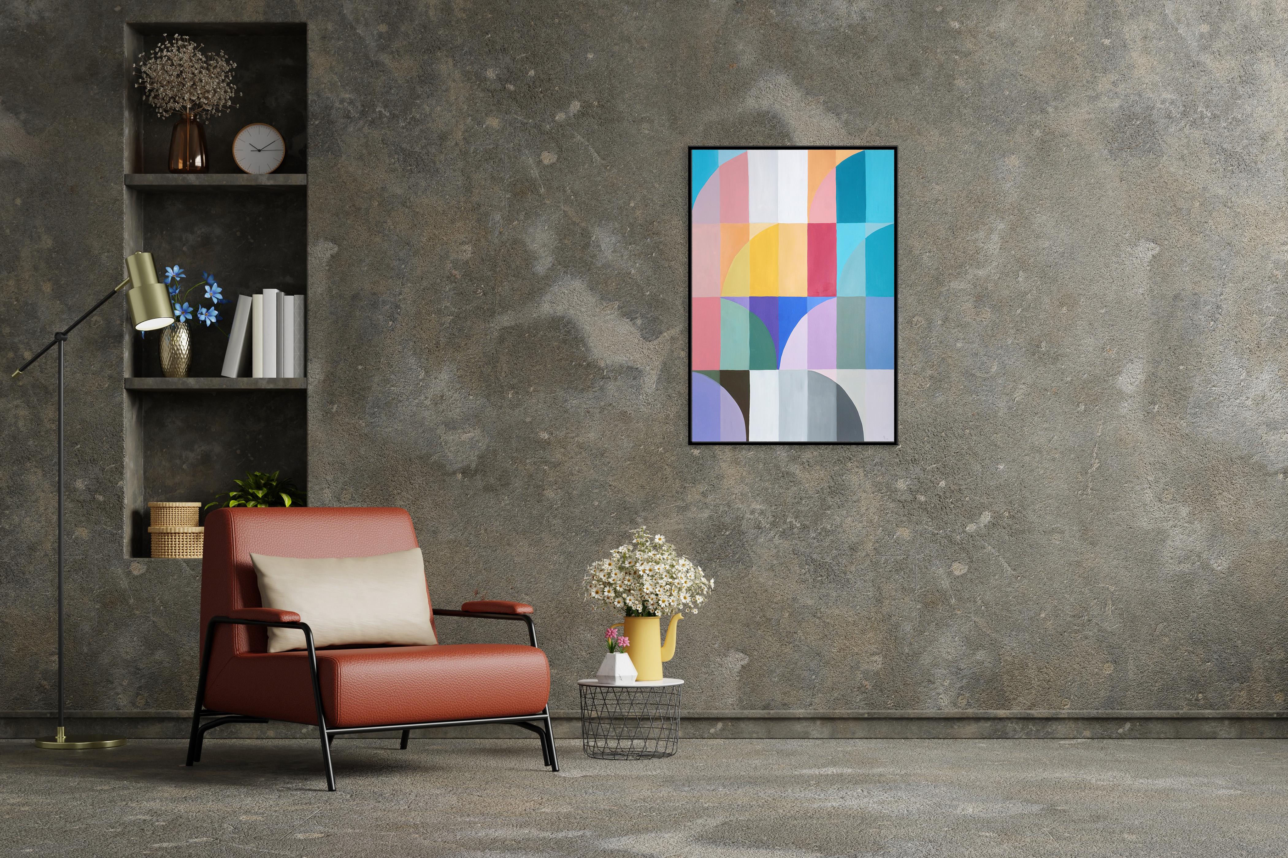 Diese Serie abstrakter geometrischer Gemälde von Natalia Roman lässt sich von den schlichten Rastern und Kurven der Bauhaus-Architektur inspirieren, während sie gleichzeitig helle und lebendige Farbvariationen erkundet. Die Bögen und Kurven, die