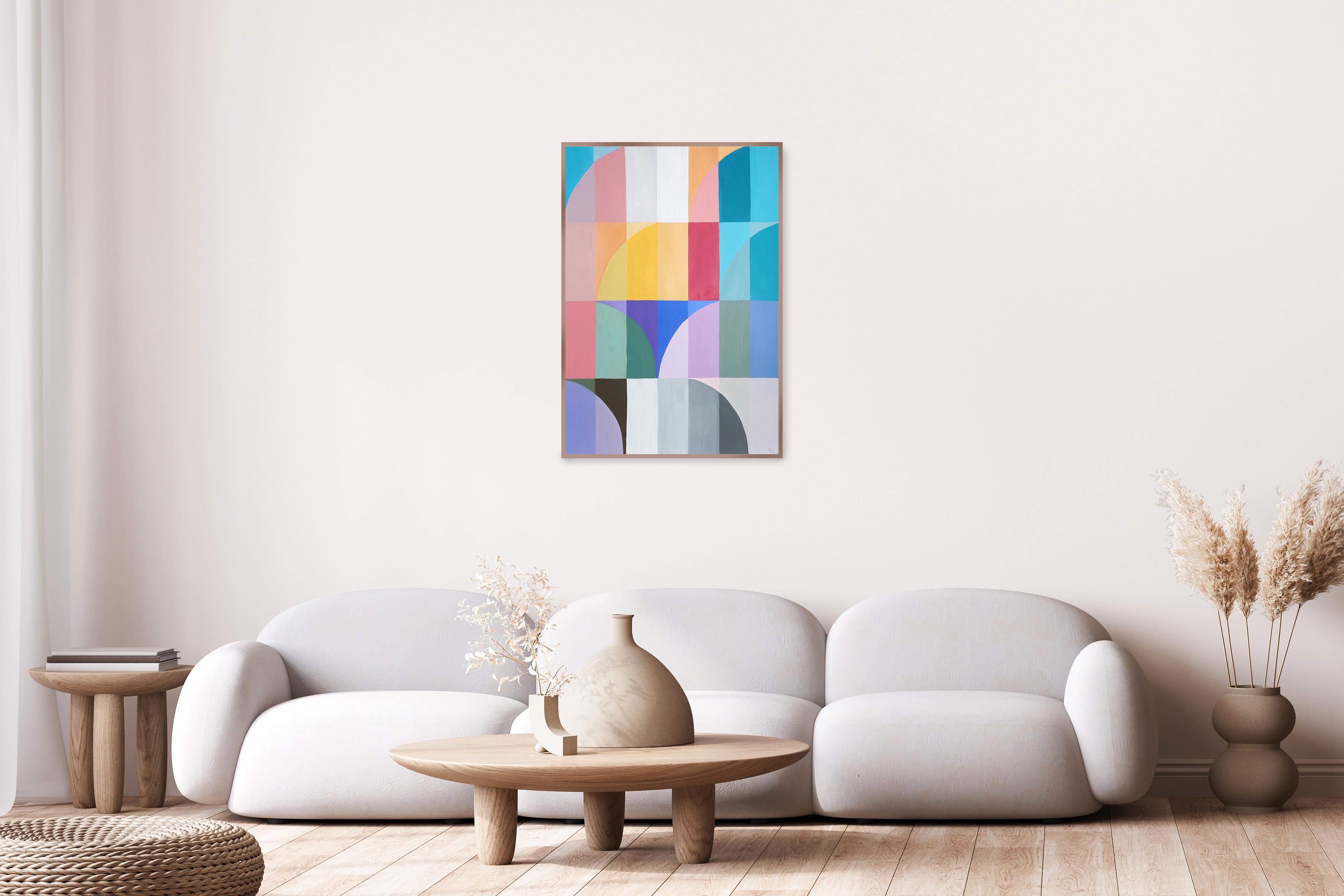 Farbblüte, Bauhaus Vertikales Gemälde in Lila & Türkis Arches Gitter, Papier im Angebot 1