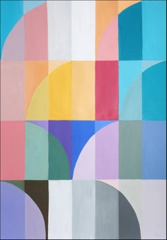 Peinture verticale Bauhaus, grille d'arcs violettes et turquoises en fleurs de couleur