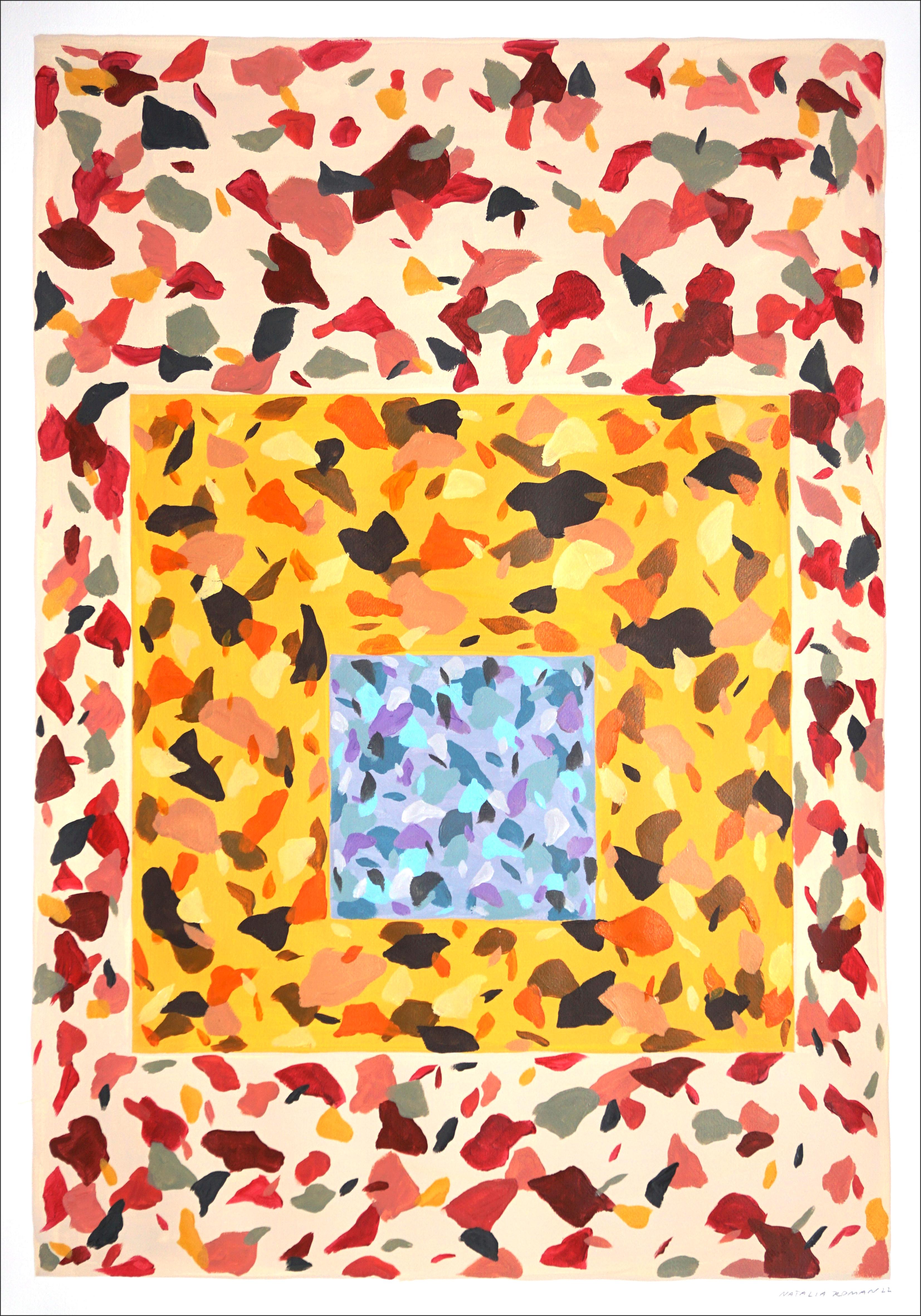 Tapis de sol à motif de patch de couleur, carreaux de terrazzo bruns, carrés jaunes d'automne 